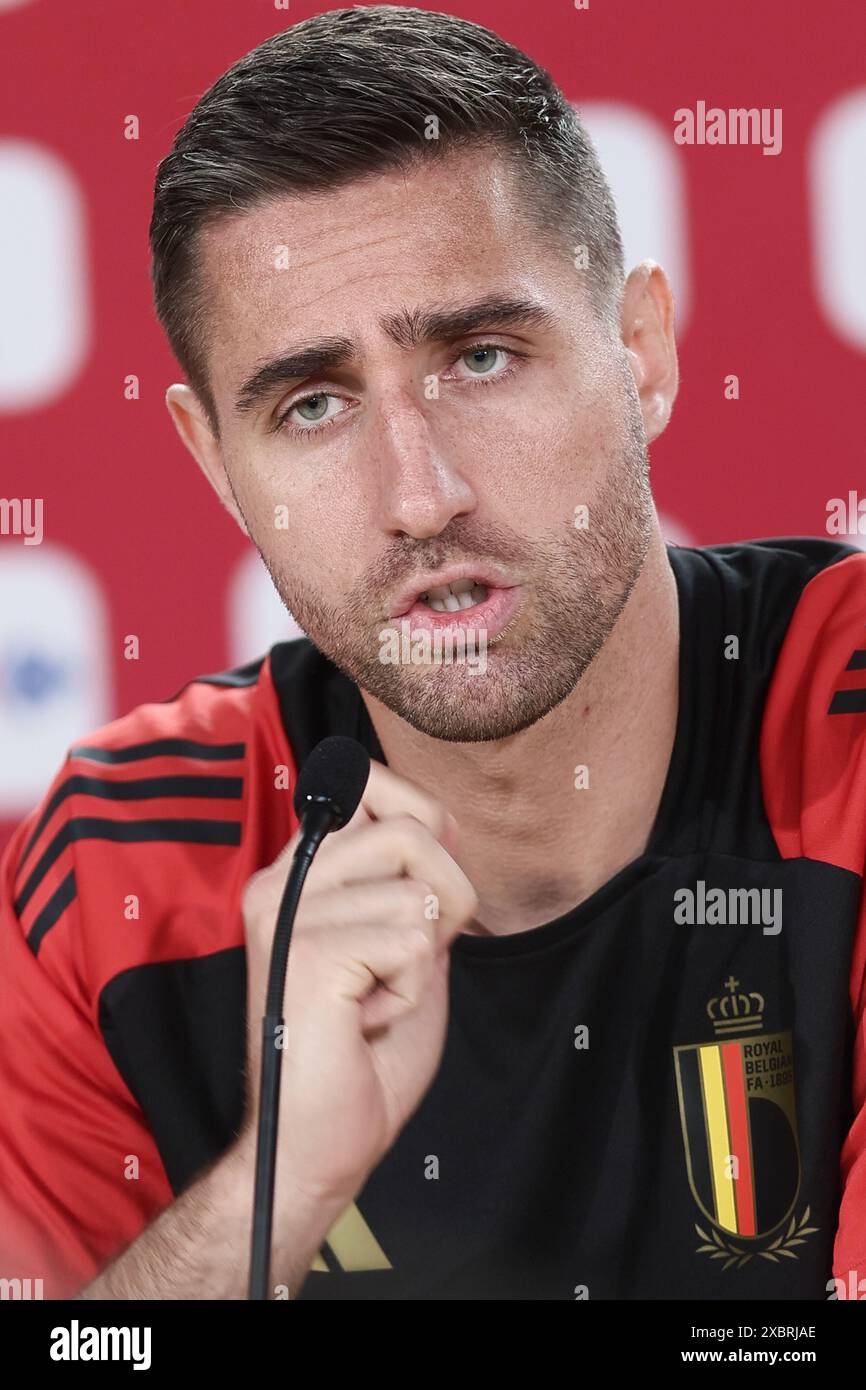 Freiberg, Germania. 13 giugno 2024. Il portiere belga Koen Casteels, nella foto, durante una conferenza stampa della nazionale belga di calcio Red Devils, giovedì 13 giugno 2024, nel campo base di Freiberg am Neckar, Germania, in preparazione dei Campionati europei di calcio UEFA Euro 2024. I Red Devils giocano nel gruppo F ai Campionati europei di Europa 2024 in Germania. BELGA PHOTO BRUNO FAHY credito: Belga News Agency/Alamy Live News Foto Stock