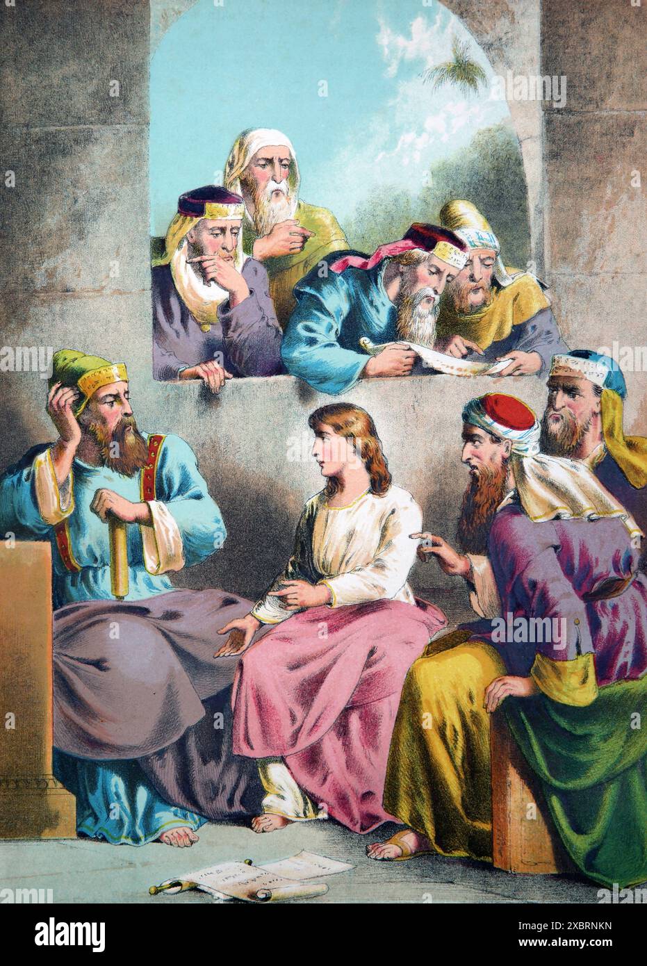 Illustrazione di Cristo che contesta con i medici dell'Antica Bibbia della famiglia autointerpretante di Brown del XIX secolo Foto Stock