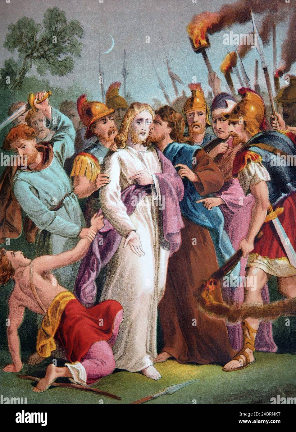 Illustrazione del "bacio di Giuda" nel Giardino del Getsemani nuovo Testamento (Mark) Vangelo di Marco dall'Antico XIX secolo Brown's Self-Interpreting F Foto Stock