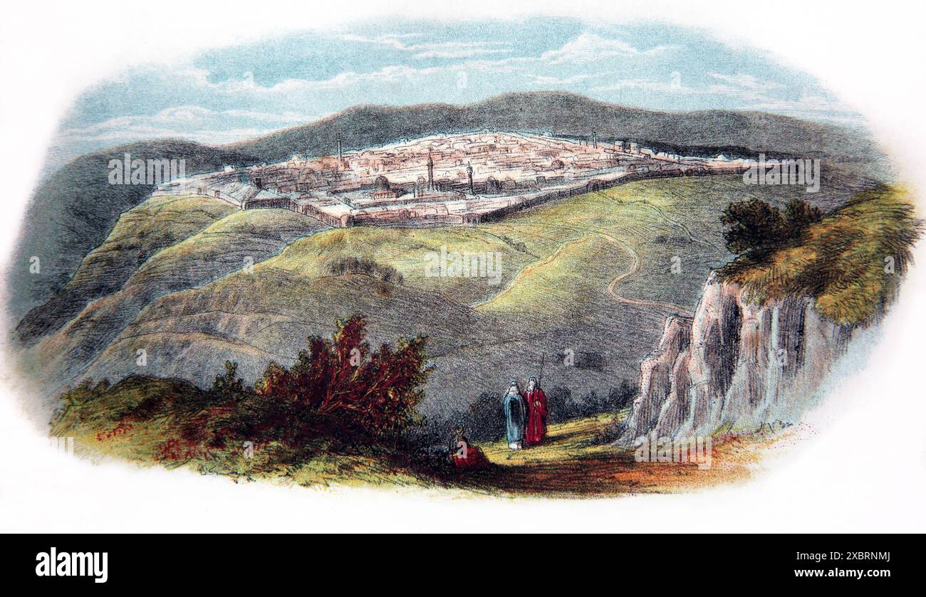 Illustrazione della città Santa di Gerusalemme Israele dall'antica Bibbia della famiglia autointerpretante di Brown del XIX secolo Foto Stock