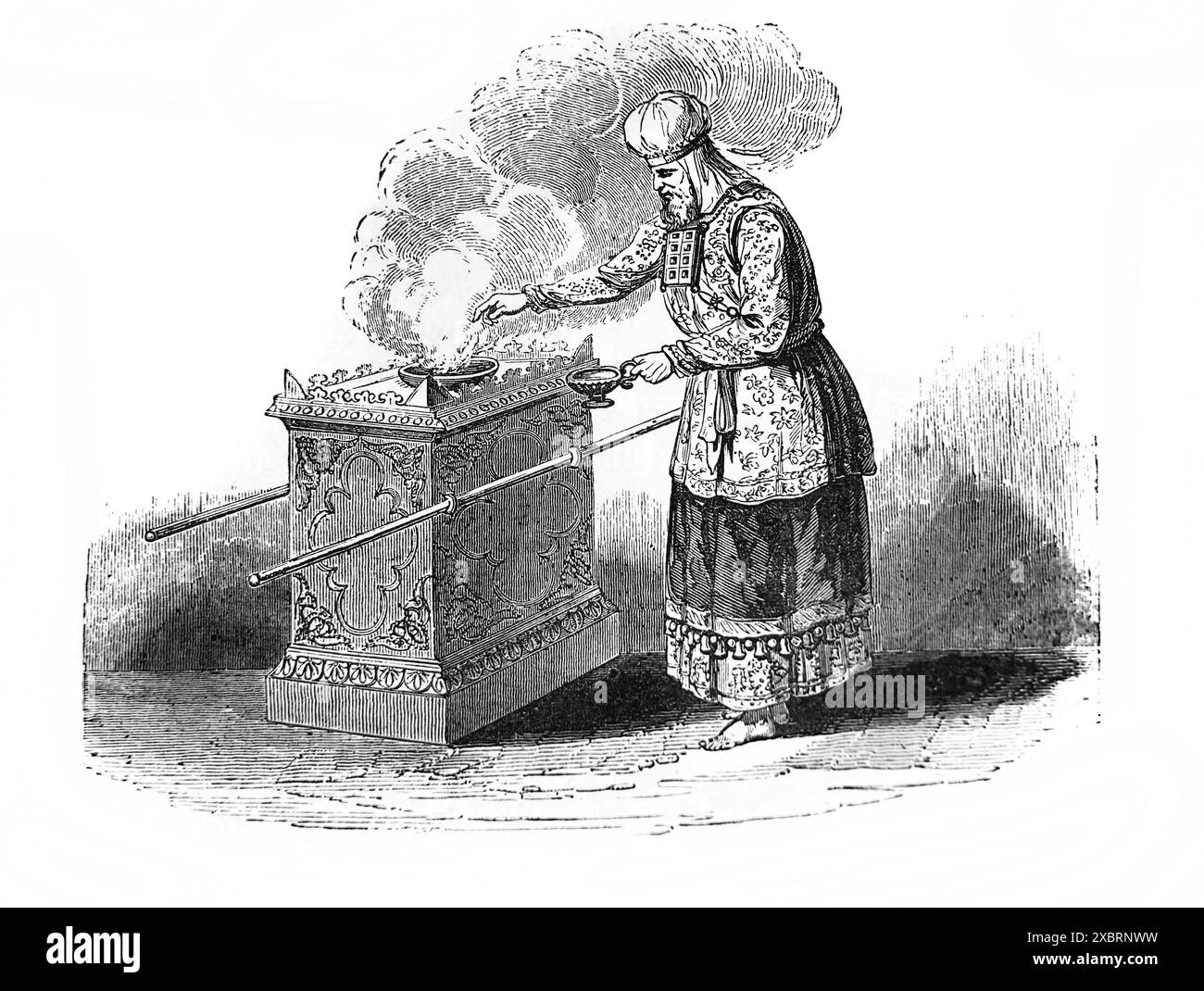 Incisione in legno di un Sommo sacerdote dell'altare di Incenso nella Bibbia di famiglia illustrata dell'Antica Ottocento Foto Stock