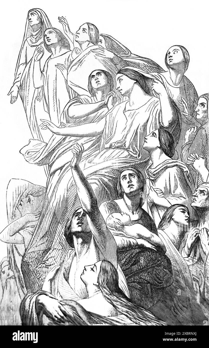 Incisione in legno di persone "in cerca della venuta del giorno di Dio" dalla pittura di Ary Scheffer nella Bibbia di famiglia Antica illustrata del XIX secolo Foto Stock