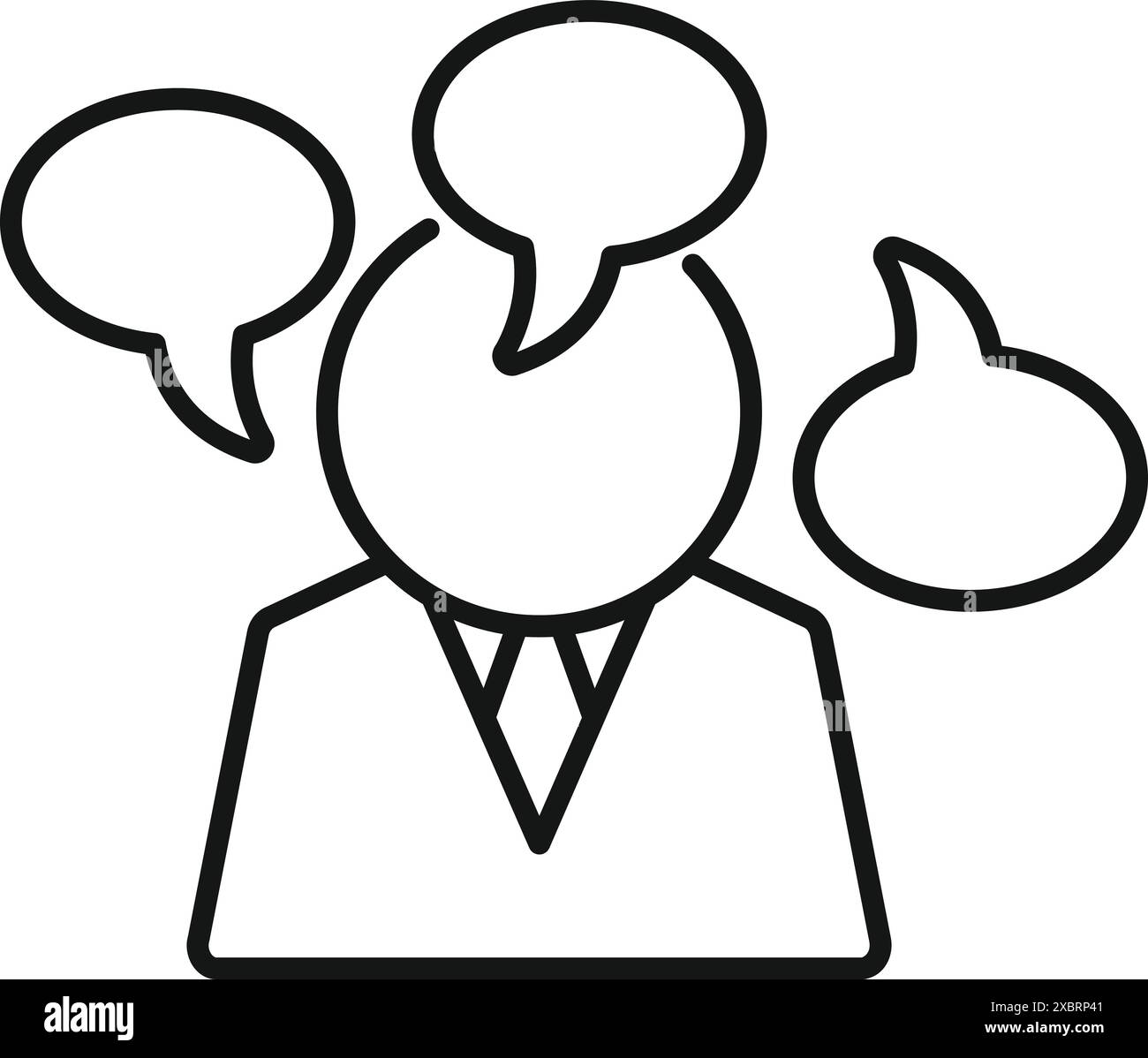 L'uomo d'affari è profondamente convinto, mentre le bolle di discorso che rappresentano le idee e la comunicazione fluttuano intorno alla sua testa Illustrazione Vettoriale