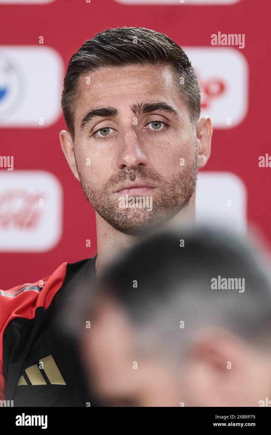 Freiberg, Germania. 13 giugno 2024. Il portiere belga Koen Casteels, nella foto, durante una conferenza stampa della nazionale belga di calcio Red Devils, giovedì 13 giugno 2024, nel campo base di Freiberg am Neckar, Germania, in preparazione dei Campionati europei di calcio UEFA Euro 2024. I Red Devils giocano nel gruppo F ai Campionati europei di Europa 2024 in Germania. BELGA PHOTO BRUNO FAHY credito: Belga News Agency/Alamy Live News Foto Stock