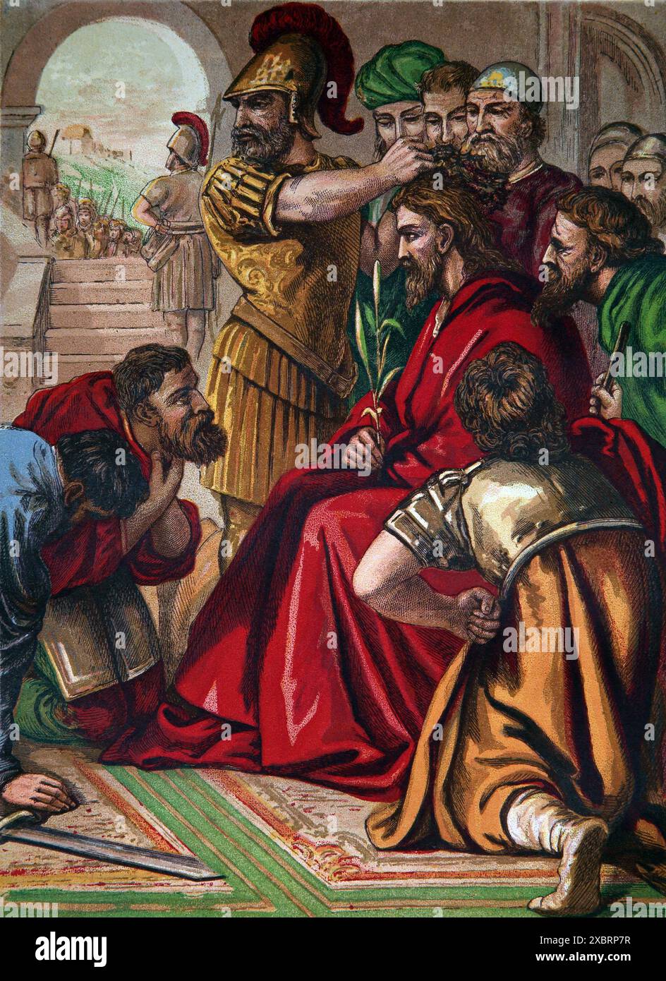 Illustrazione di Cristo incoronato con spine (Vangelo di Matteo) nuovo Testamento dall'Antico XIX secolo la Bibbia pratica e devozionale della famiglia con Foto Stock