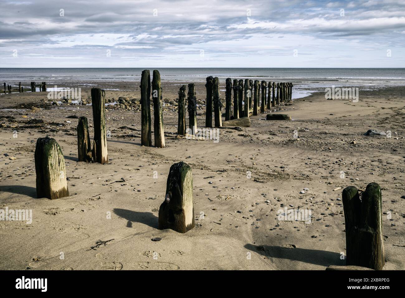 le difese marittime a sandsend, nella costa settentrionale dello yorkshire, hanno un aspetto desaturato Foto Stock