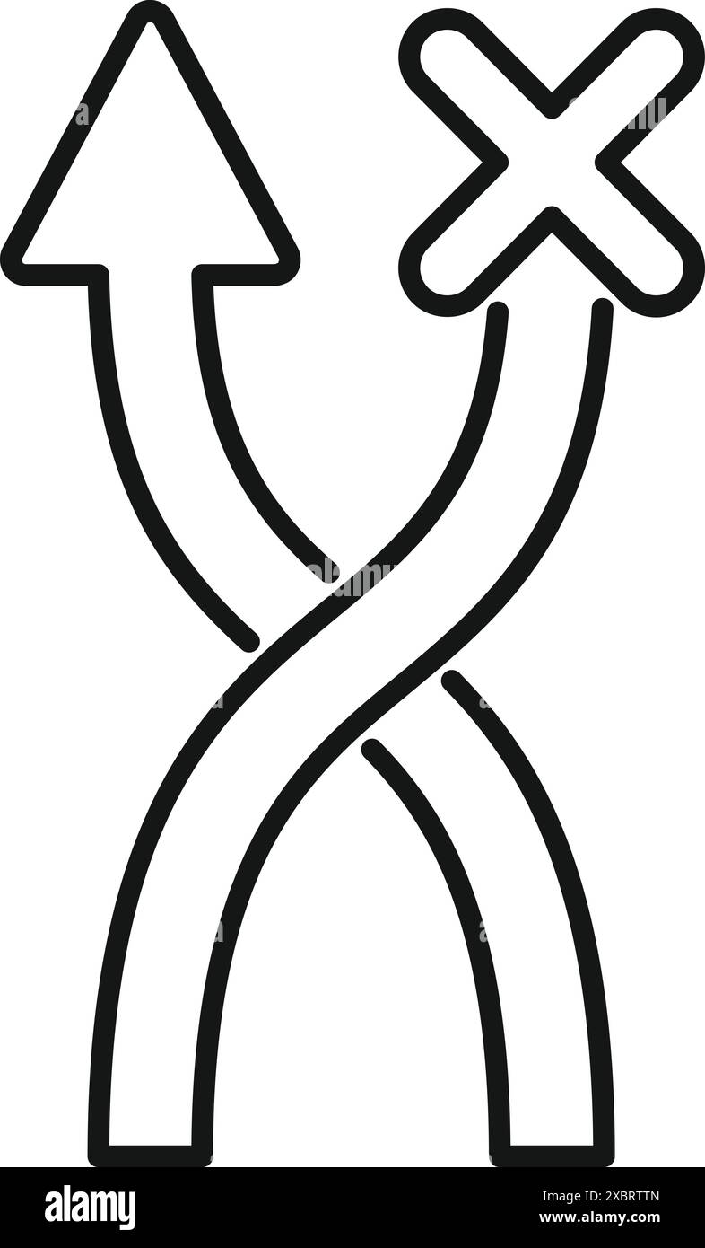 Icona grafica minimalista di due frecce incrociate, una con un segno di spunta e l'altra rivolta verso l'alto, che rappresenta una scelta tra direzioni opposte Illustrazione Vettoriale
