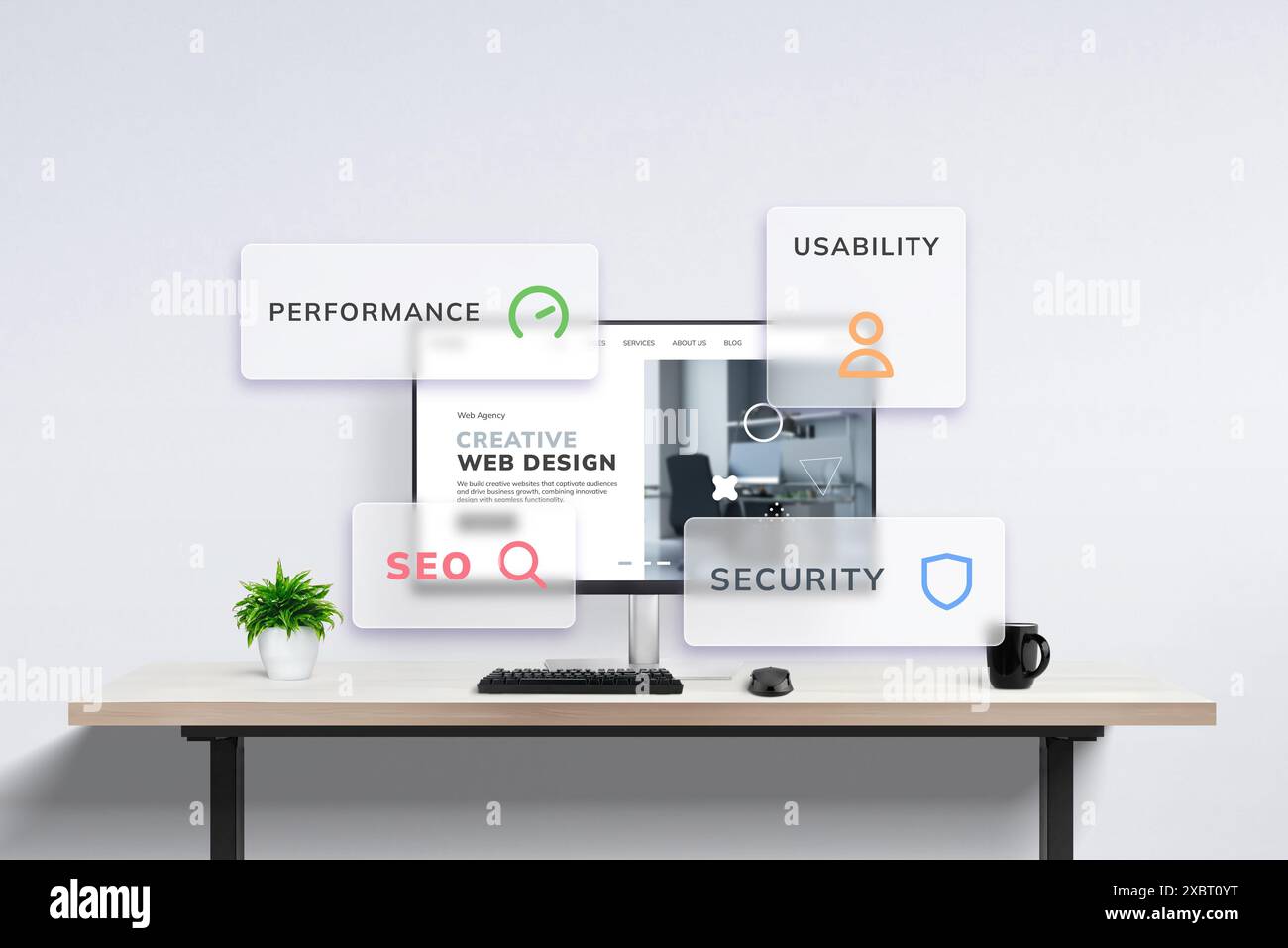 Moderna scrivania da ufficio con computer che visualizza il concetto di agenzia di web design: Finestre mobili evidenziano le prestazioni delle pagine Web, l'usabilità, il SEO e la sicurezza. Foto Stock