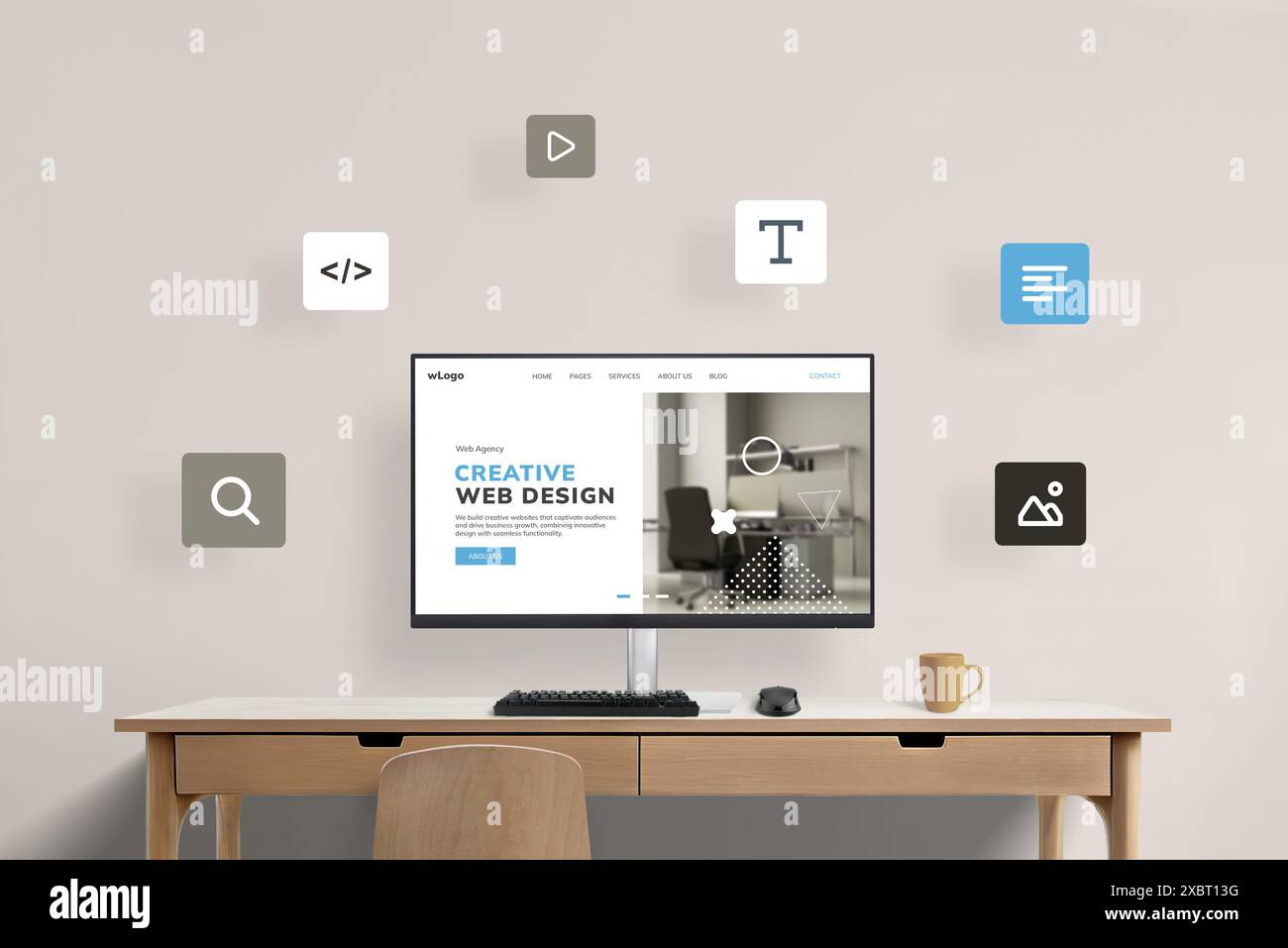 Scrivania con display per computer con pagina di presentazione di uno studio di web design, circondata da icone di web design volanti. Rappresentazione visiva di una creatura Foto Stock