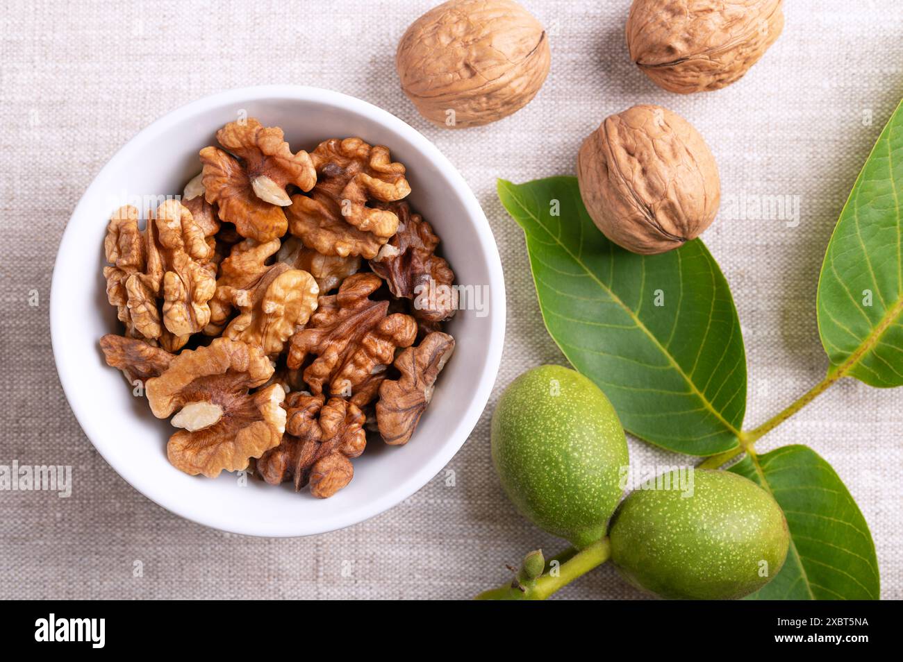 Metà noce in una ciotola bianca su tessuto di lino. Noccioli di noce secchi sgusciati, semi maturi del noce comune. Foto Stock
