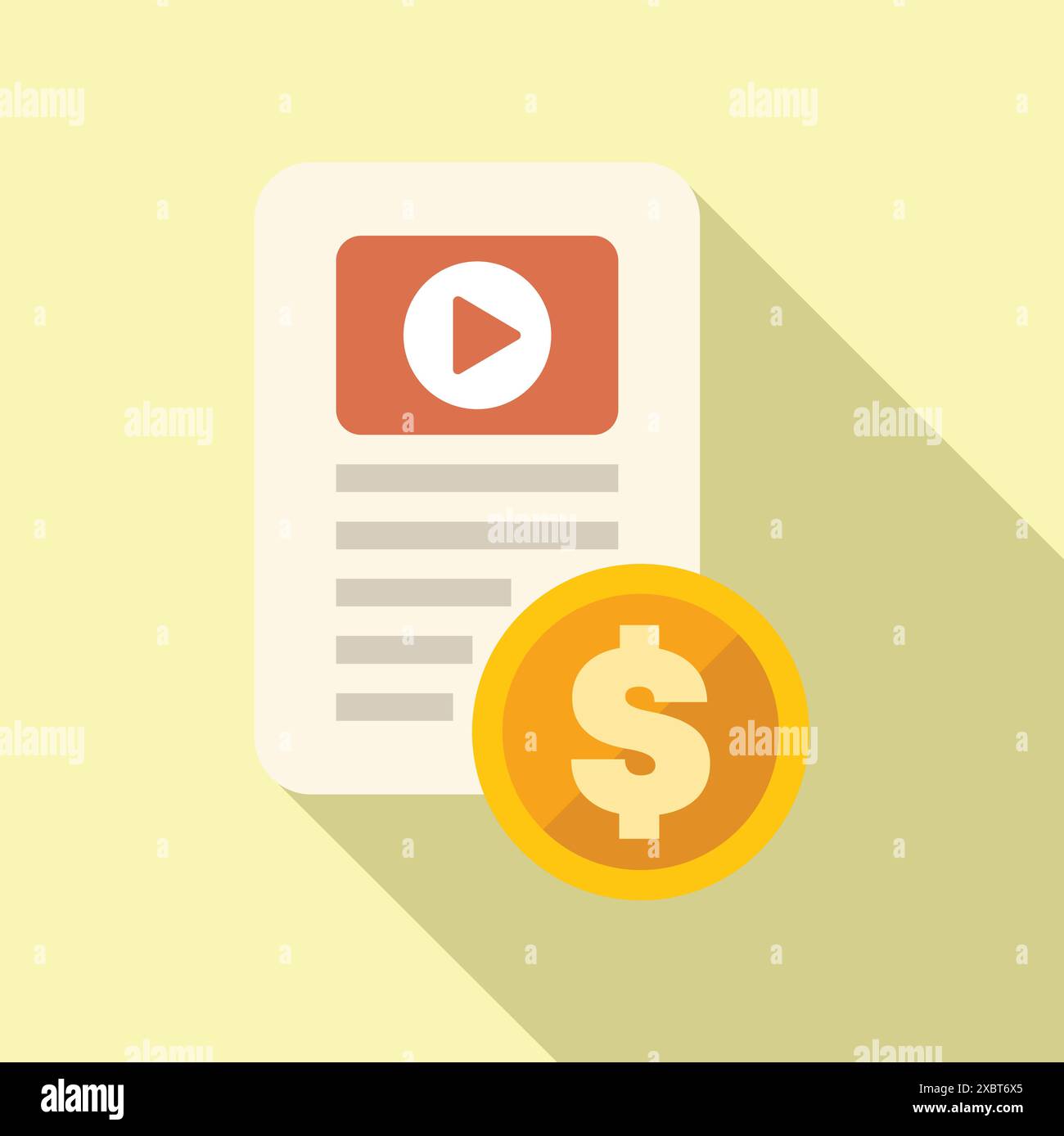 La monetizzazione dei video online è rappresentata da un lettore video e da una moneta da un dollaro, che simboleggia il potenziale di guadagno Illustrazione Vettoriale