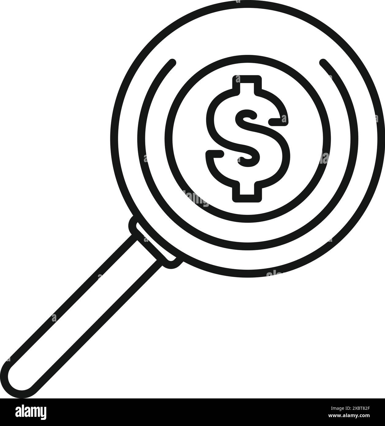Icona grafica lineare di una lente d'ingrandimento che cerca il simbolo di valuta del dollaro che rappresenta la ricerca finanziaria Illustrazione Vettoriale