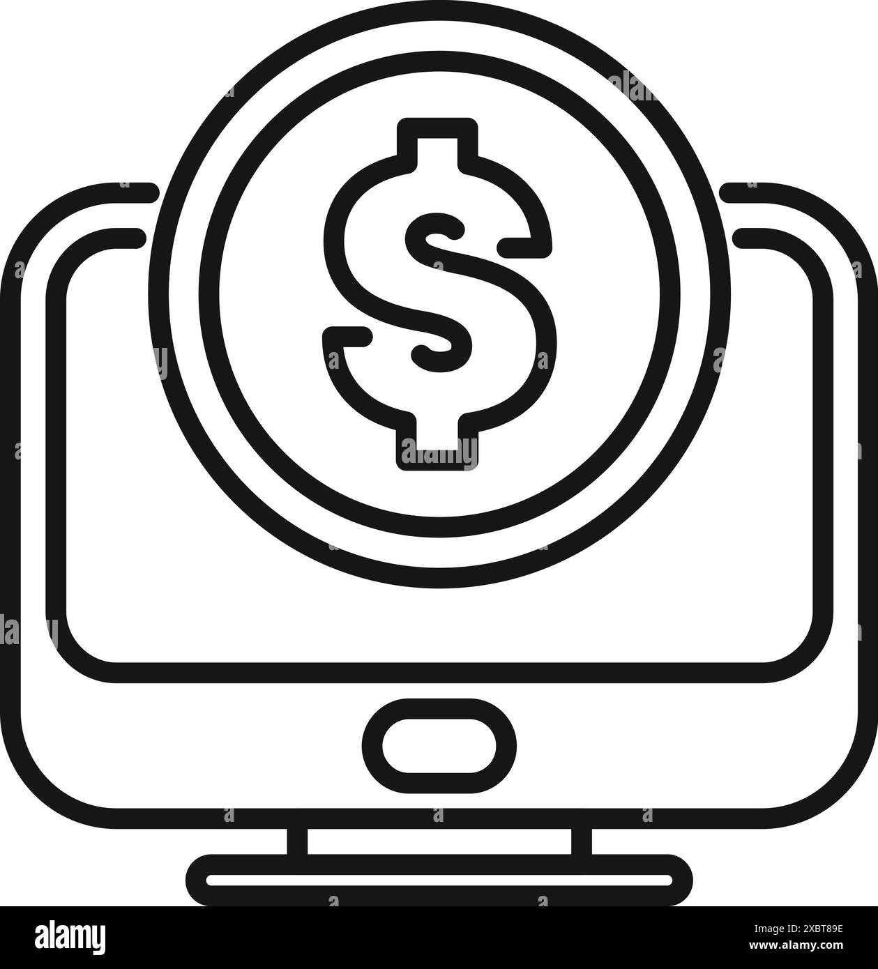 Lo schermo del computer mostra un grande simbolo del dollaro, che rappresenta l'elaborazione dei pagamenti online e le transazioni digitali Illustrazione Vettoriale