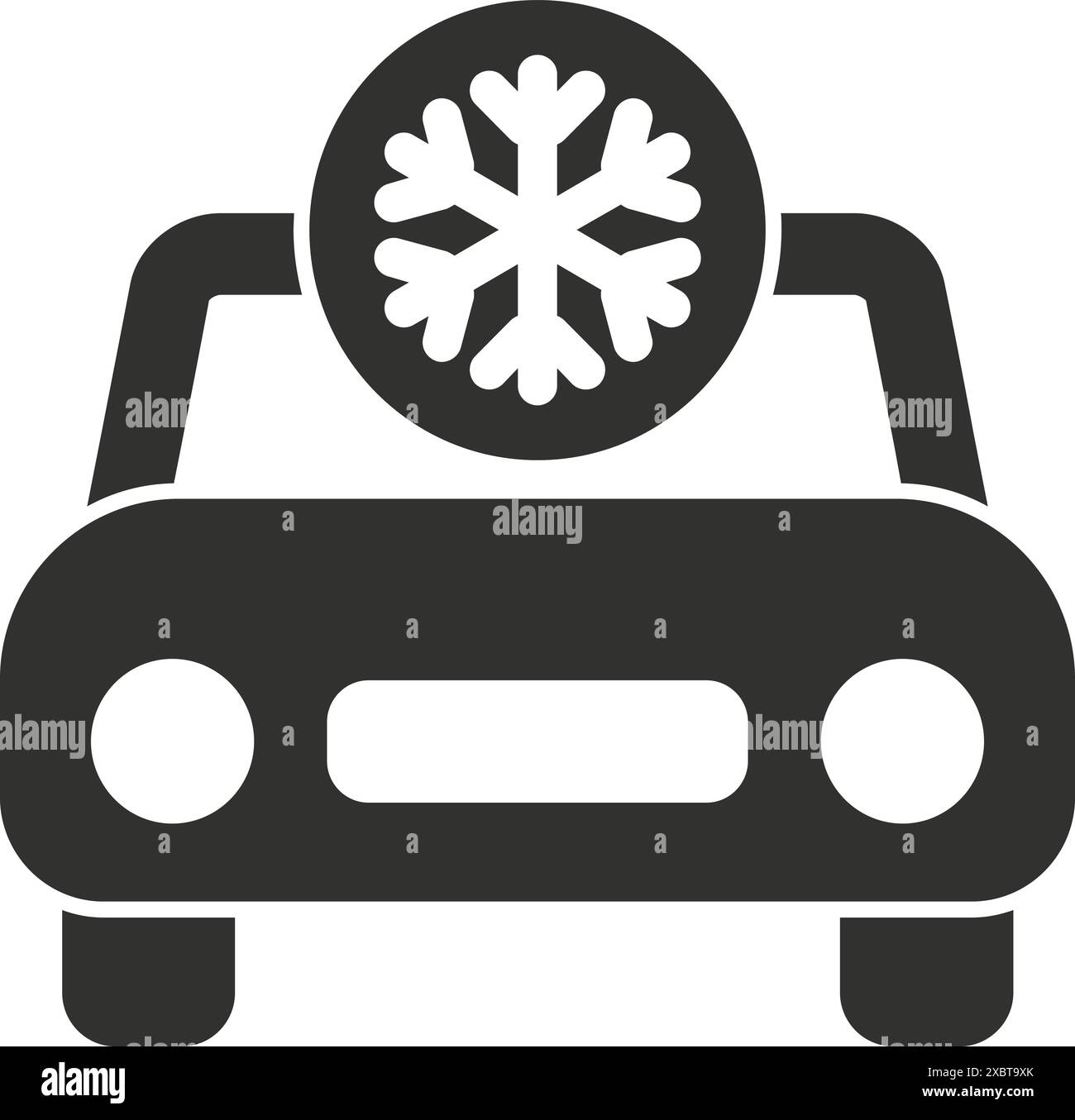 Semplice icona in bianco e nero di un'auto con un fiocco di neve sopra, che indica le condizioni di guida invernali Illustrazione Vettoriale