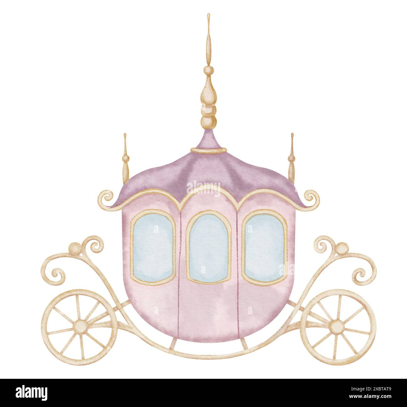 Affascinante illustrazione dell'acquerello della carrozza delle fiabe in colori pastello. Incantevole Princess Coach per Nursery Wall Art biglietti d'auguri per una baby shower. Disegno per biglietti di compleanno per bambina e design per bambini. Foto Stock