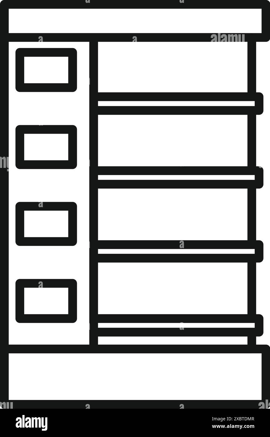 Disegno lineare di uno scaffale vuoto del supermercato con etichette pubblicitarie per il commercio al dettaglio Illustrazione Vettoriale