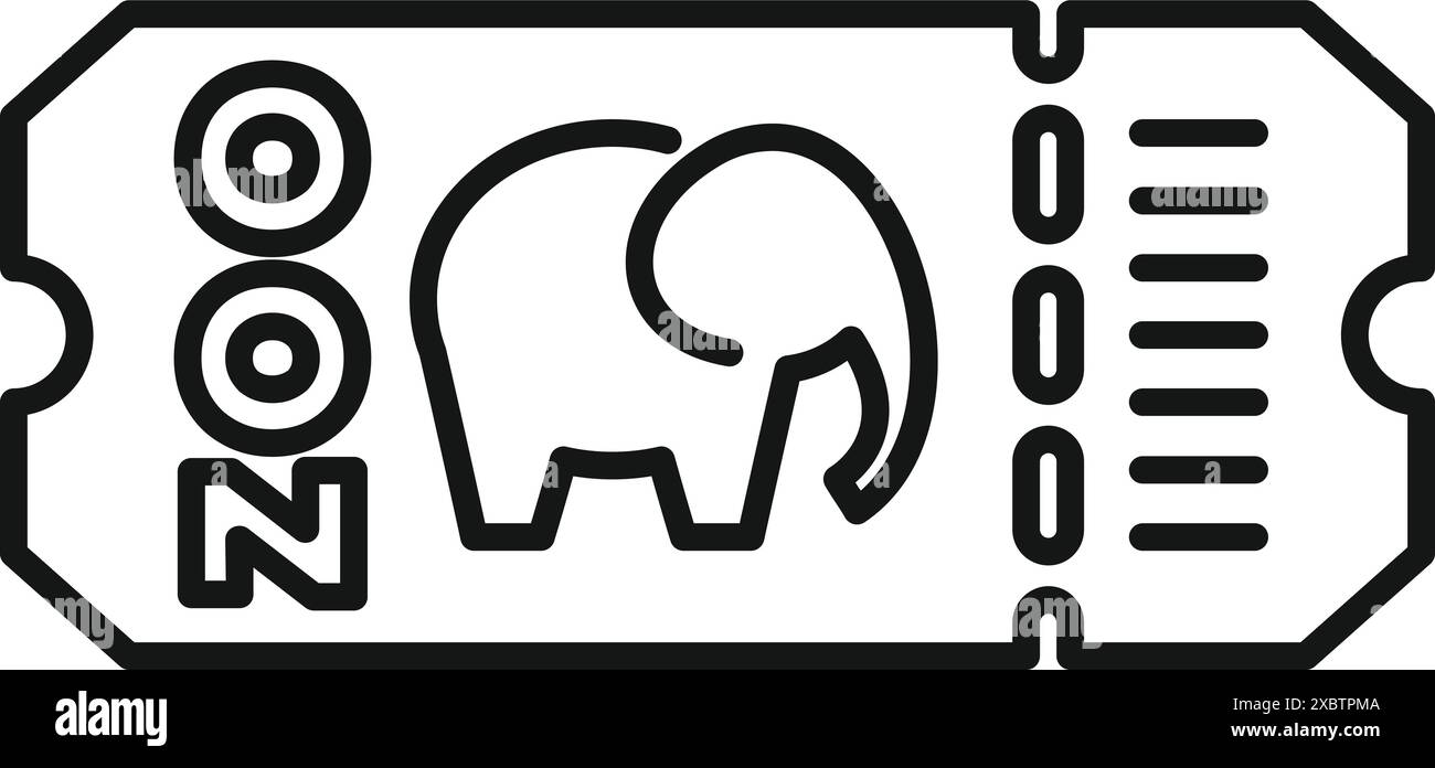 Icona della line art di un biglietto che consente l'accesso a uno zoo, con un elefante, che simboleggia la conservazione della fauna selvatica Illustrazione Vettoriale
