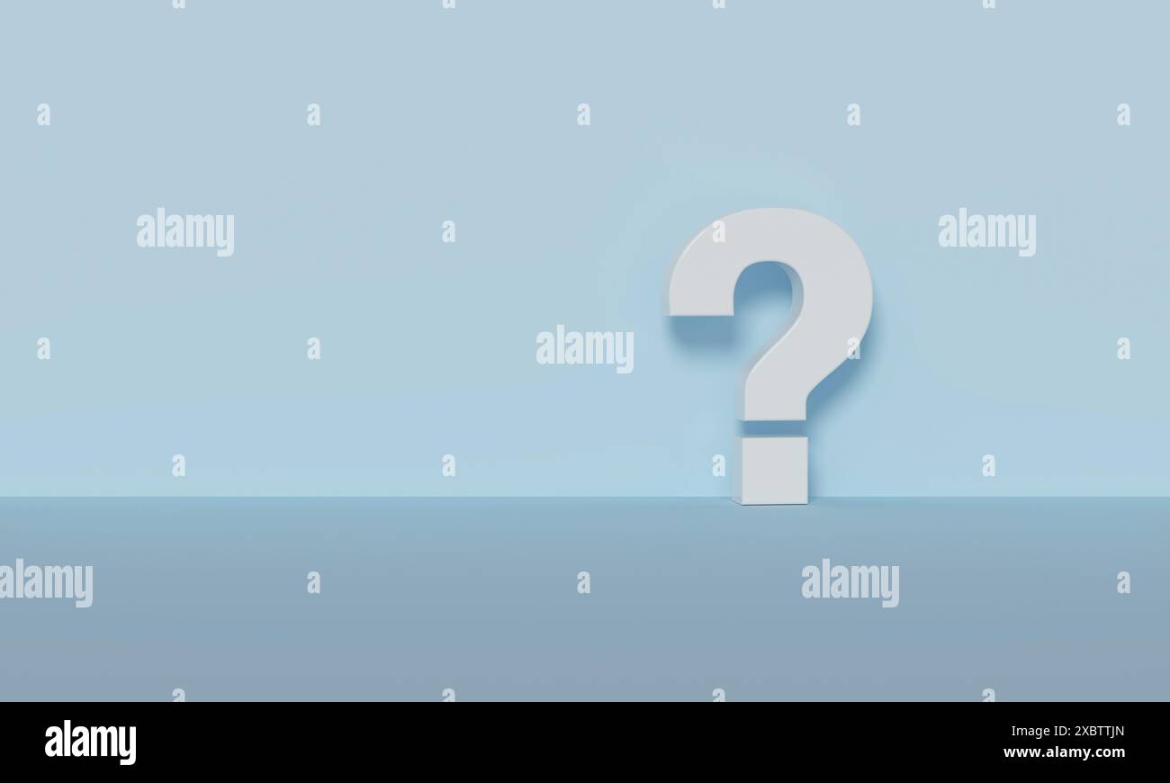Immagine minimalista con un punto interrogativo bianco su una superficie azzurra con sfondo azzurro, a simboleggiare l'incertezza e l'inquietudine. Foto Stock