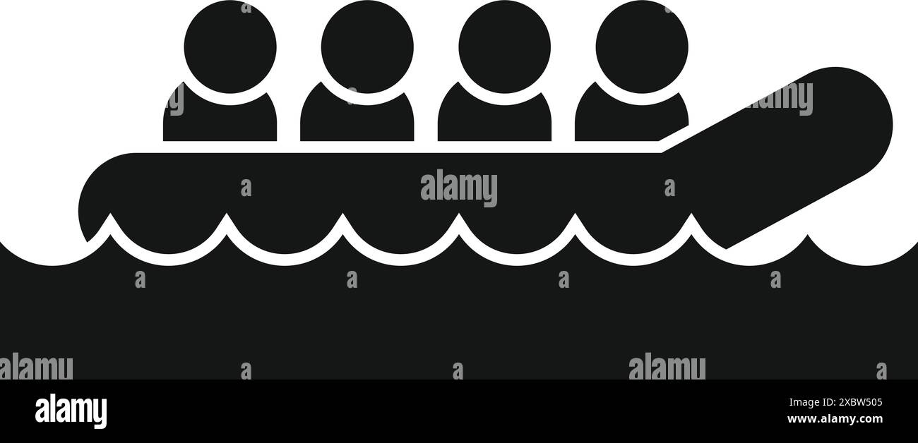 Icona in bianco e nero di un gruppo di rifugiati che attraversano il mare su un gommone Illustrazione Vettoriale