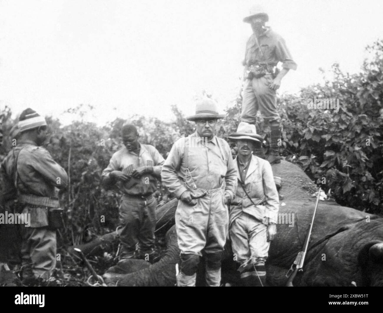 L'ex presidente degli Stati Uniti Theodore Roosevelt (1858-1919) in piedi sopra un elefante toro africano che ha sparato a Meru, Kenya, durante la spedizione africana Smithsonian-Roosevelt nel 1909 dove, insieme a suo figlio Kermit, ha cercato di raccogliere campioni per il nuovo Museo di storia naturale dello Smithsonian. Foto Stock