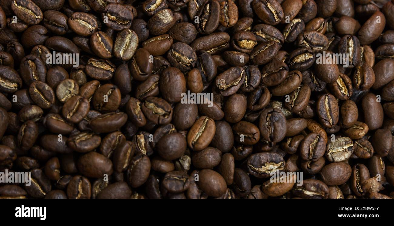 Primi piani in chicchi di caffè tostati, vista dall'alto, texture fotografica di sfondo di chicchi di arabica selettivi Foto Stock