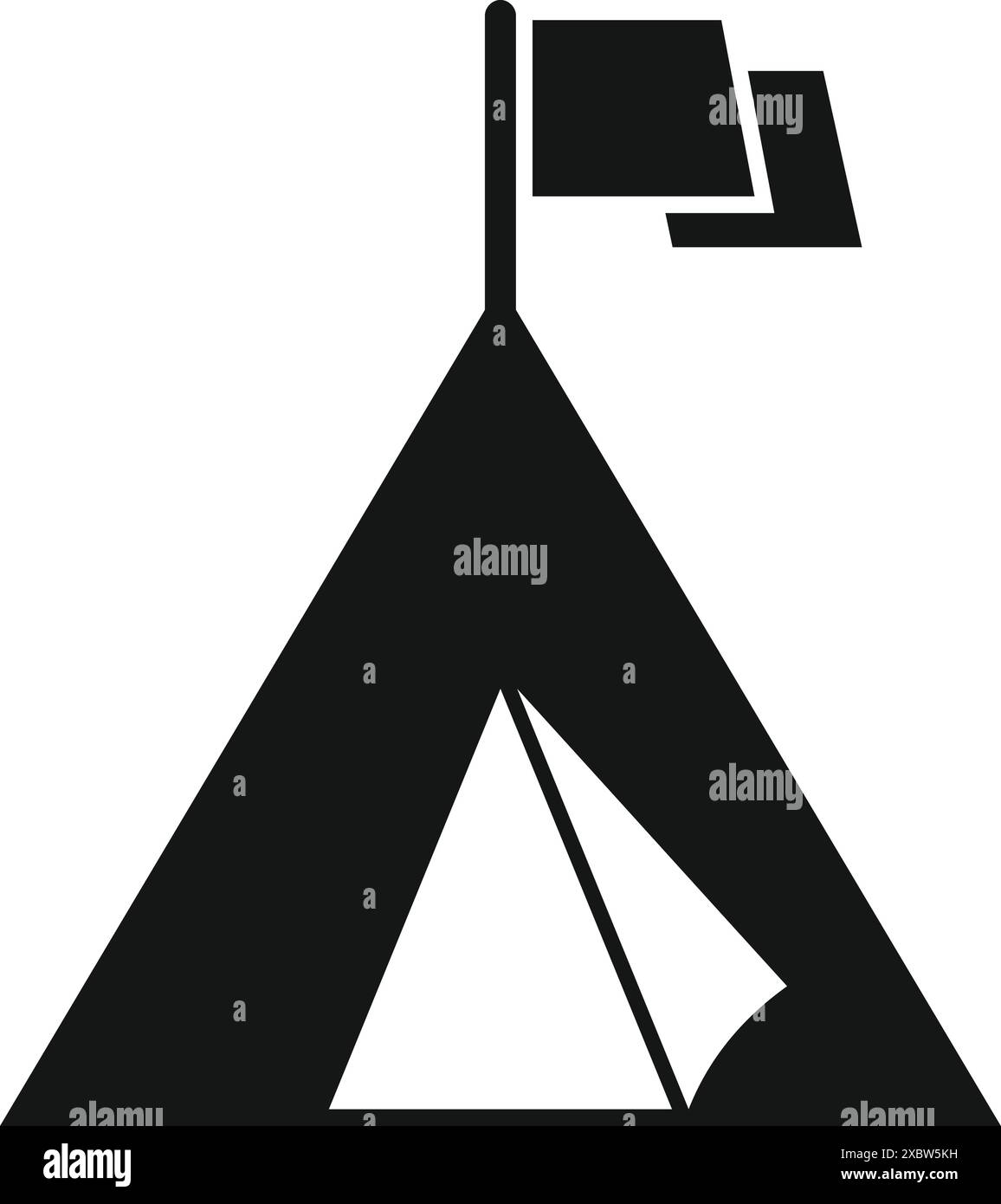 Icona in bianco e nero di una tenda da campeggio con una bandiera, che rappresenta l'avventura e l'esplorazione all'aperto Illustrazione Vettoriale