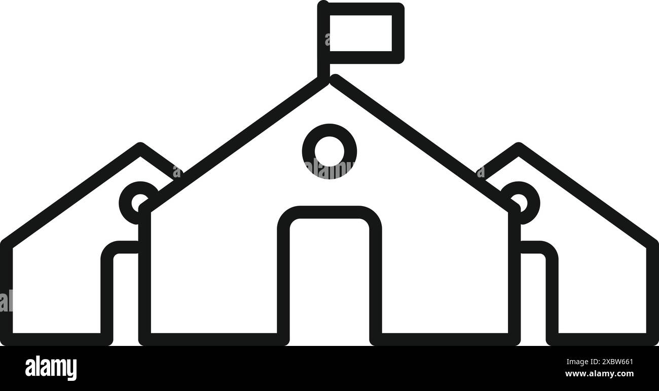 Semplice disegno in linea dell'esterno di un edificio scolastico con una bandiera che sventola dal tetto Illustrazione Vettoriale