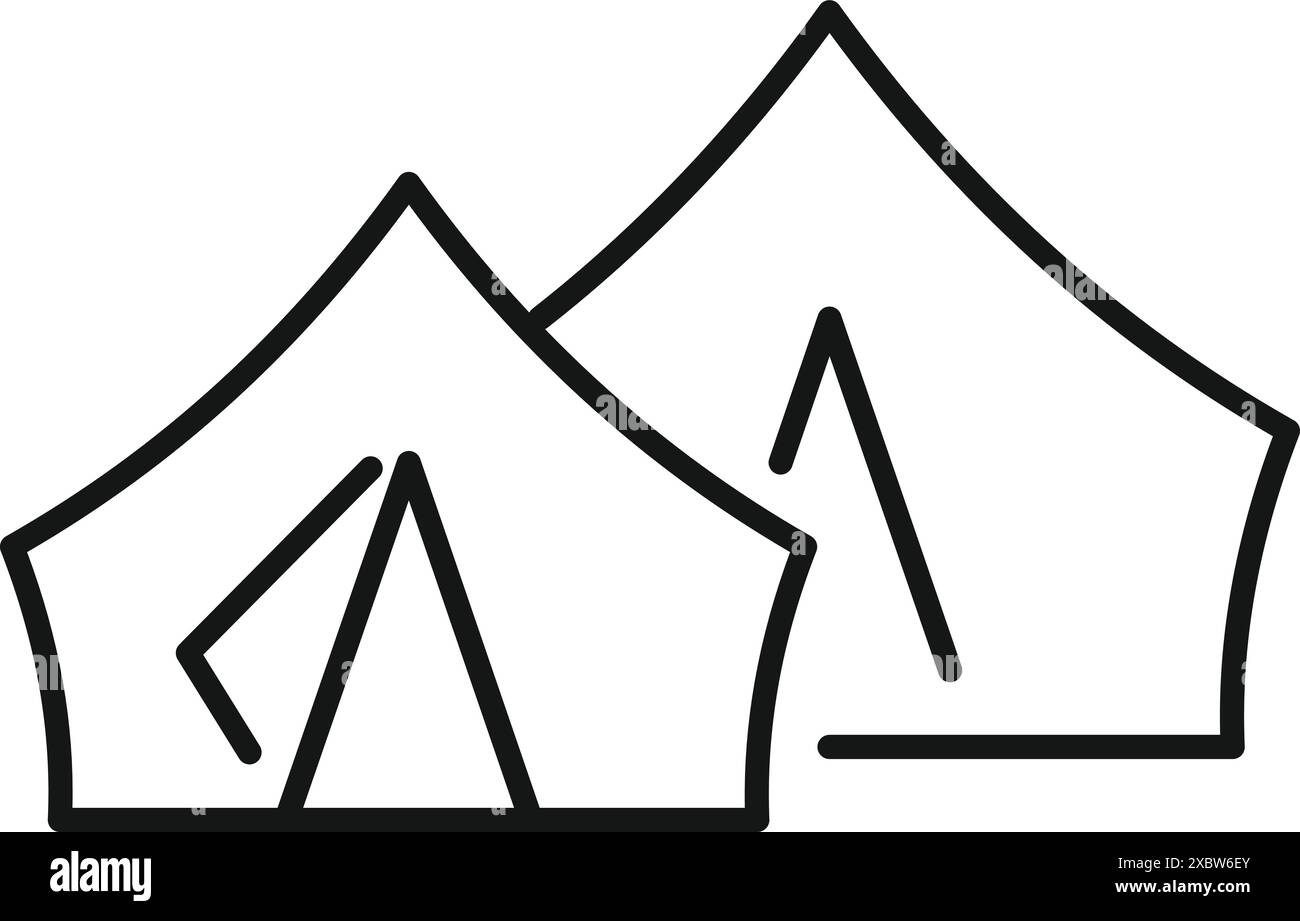 Semplice disegno in linea di due tende da campeggio, che simboleggiano le attività ricreative all'aperto, l'avventura e le gioie di connettersi con la natura Illustrazione Vettoriale