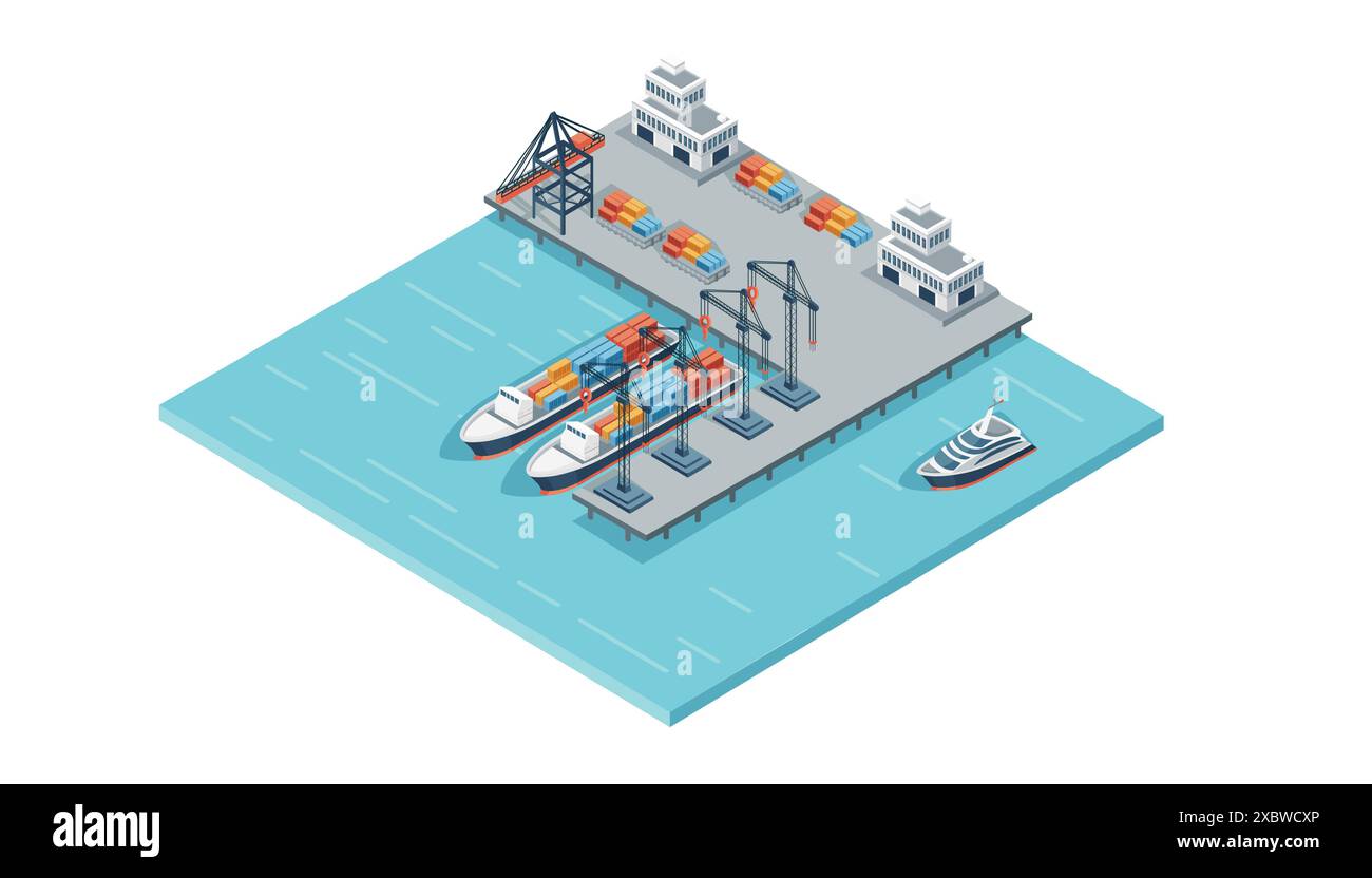 Terminal marittimo con navi da carico e gru cargo servizi di spedizione merci illustrazione dei vettori disegno isometrico Illustrazione Vettoriale
