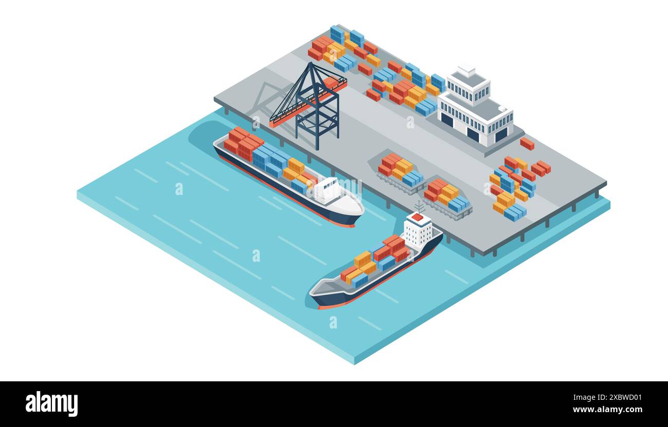 Terminal marittimo con navi da carico e gru cargo servizi di spedizione merci illustrazione dei vettori disegno isometrico Illustrazione Vettoriale