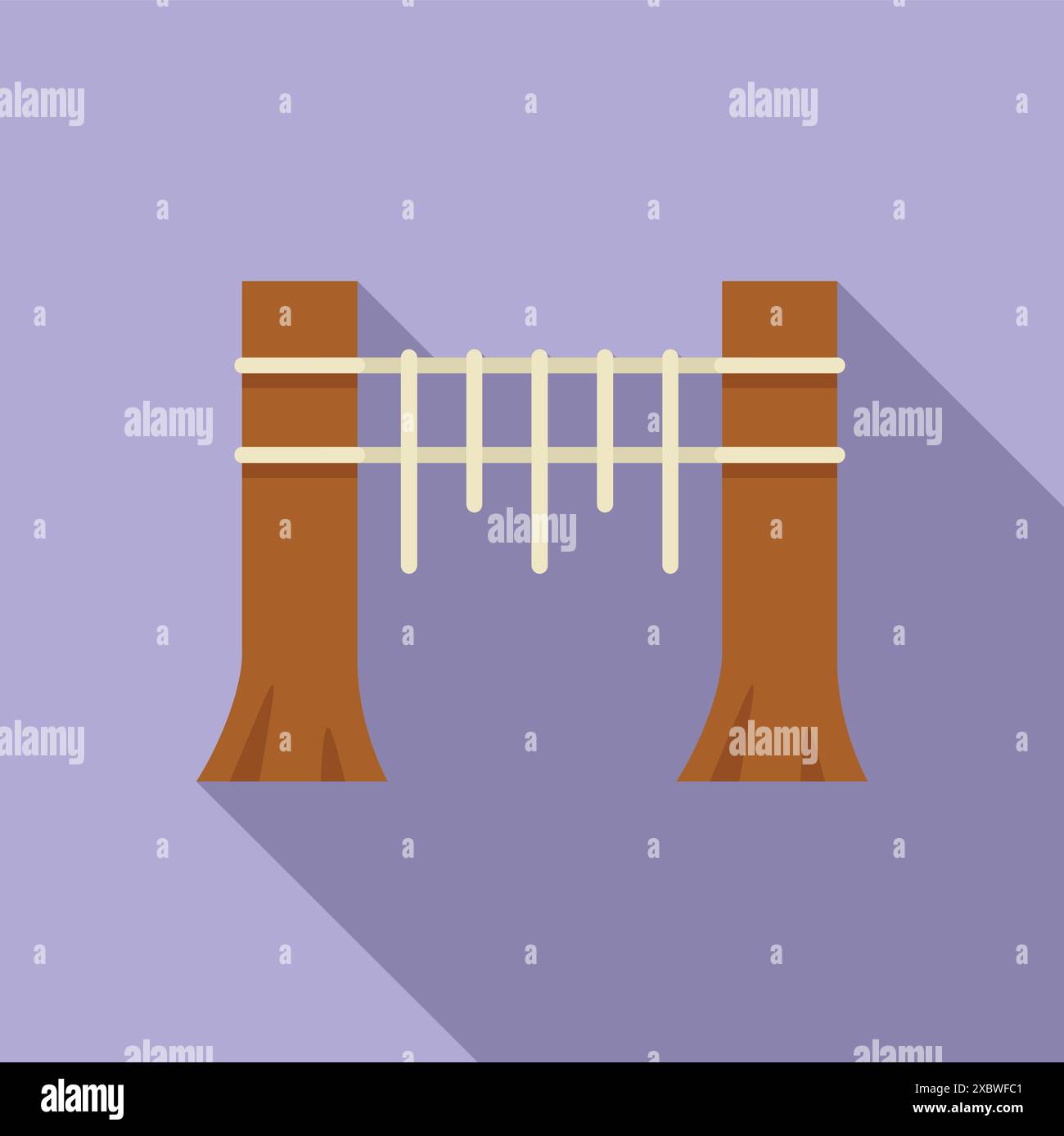 Il ponte di corda con gradini di legno collega due tronchi di alberi in un design piatto Illustrazione Vettoriale