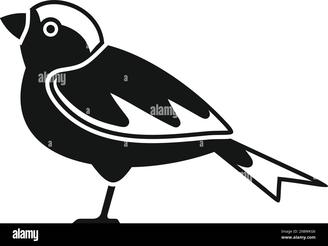 Icona minimalista di un piccolo uccello in piedi, il suo corpo è interamente nero, tranne che per una striscia bianca sull'ala Illustrazione Vettoriale