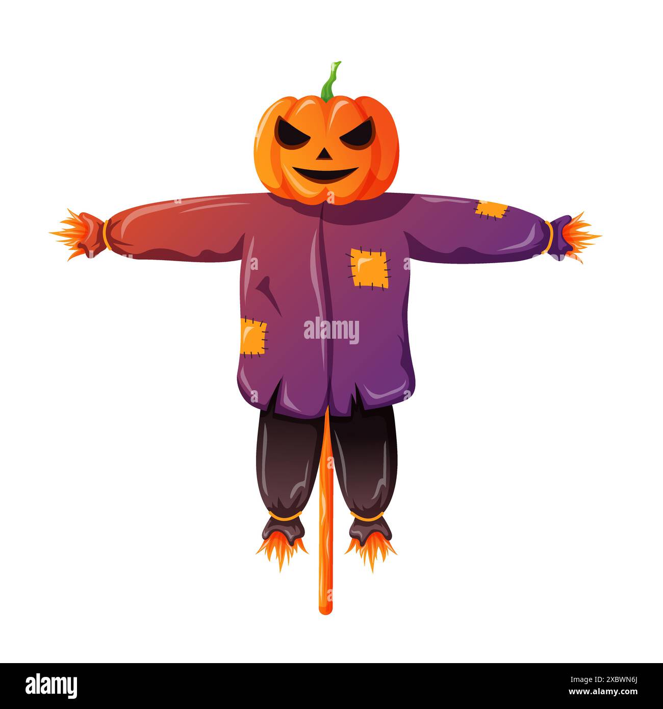 Personaggio dello Spaventapasseri con testa di zucca in stile cartoni animati. Lo spaventapasseri per halloween e allontanare gli uccelli dal raccolto. Illustrazione vettoriale isolata su Illustrazione Vettoriale