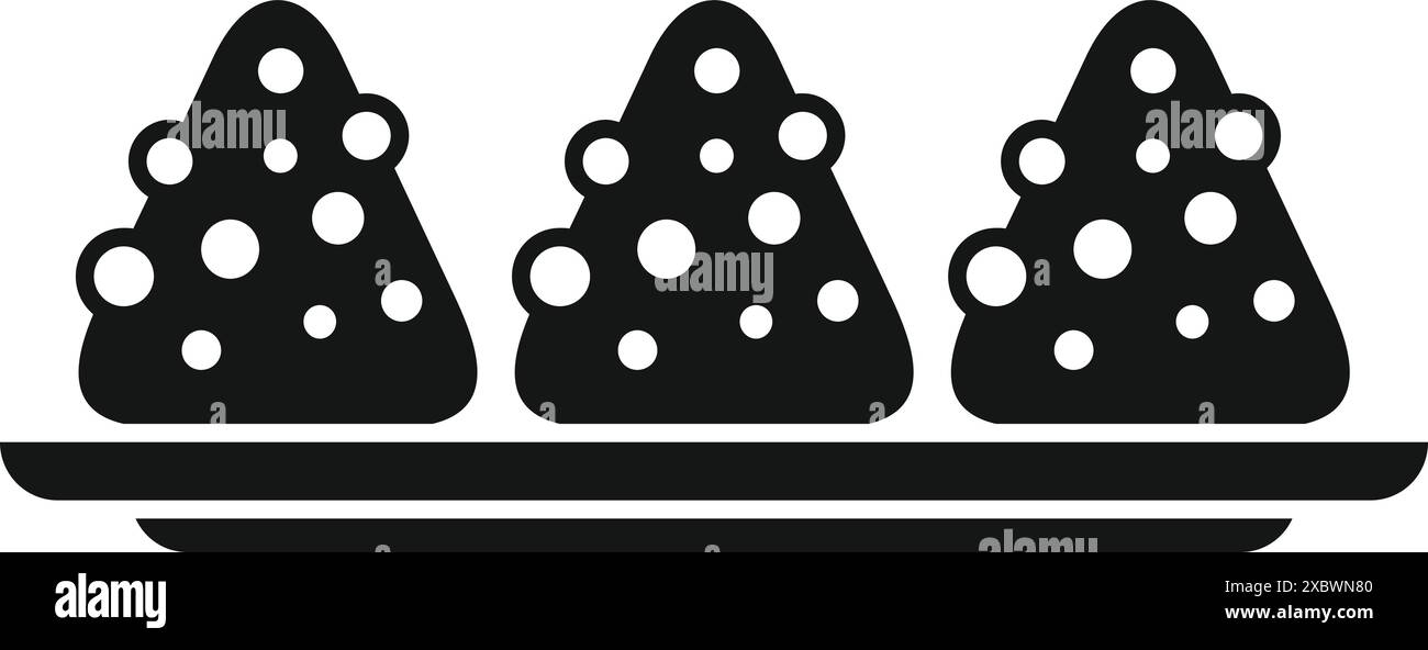 Icona in bianco e nero di tre brigadeiros in piedi su un piatto Illustrazione Vettoriale