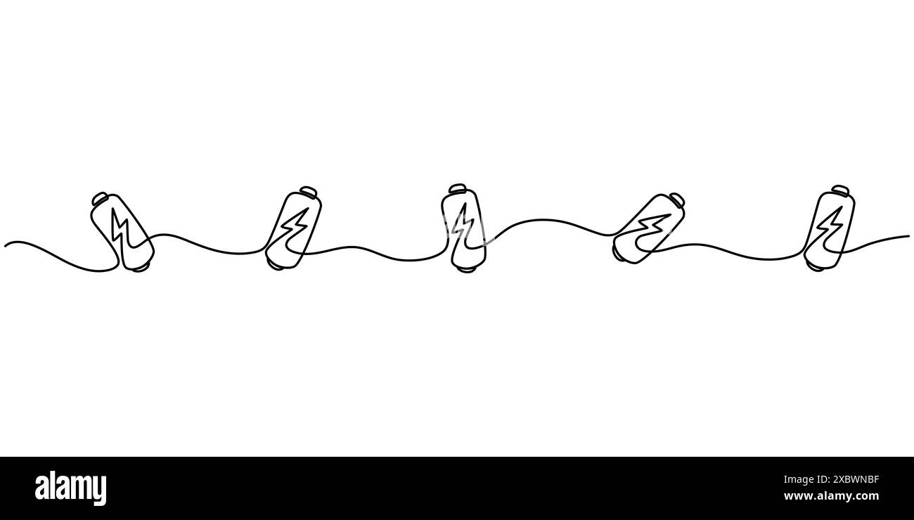 Disegno in linea della carica della batteria con un fulmine. Simbolo del fulmine e del tipo di energia elettrica in semplice stile lineare. Illustrazione vettoriale Doodle Illustrazione Vettoriale