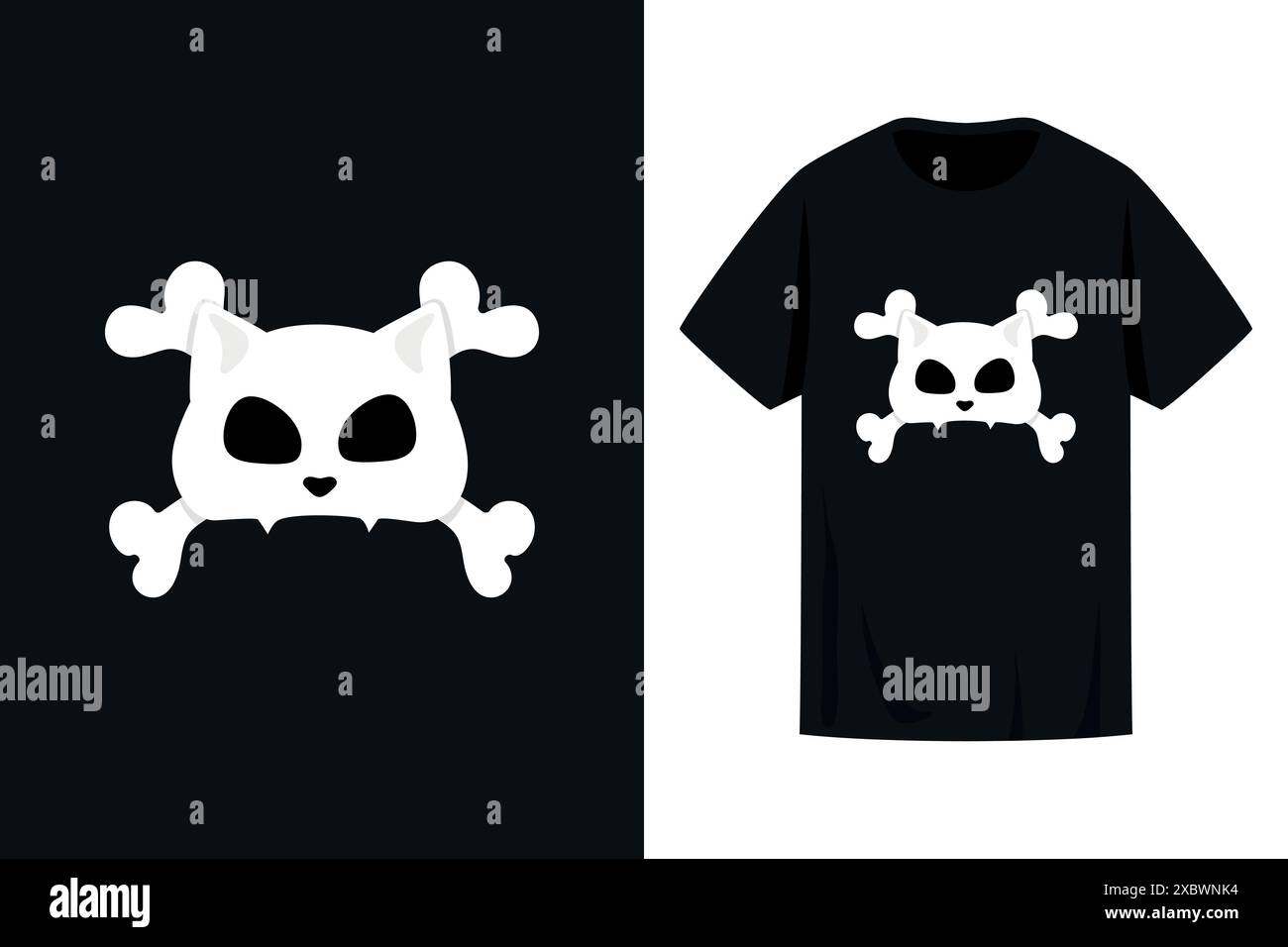 Stampa T-shirt con teschio di gatto e traversa. Emblema di Cat Jolly Roger. Illustrazione vettoriale Illustrazione Vettoriale