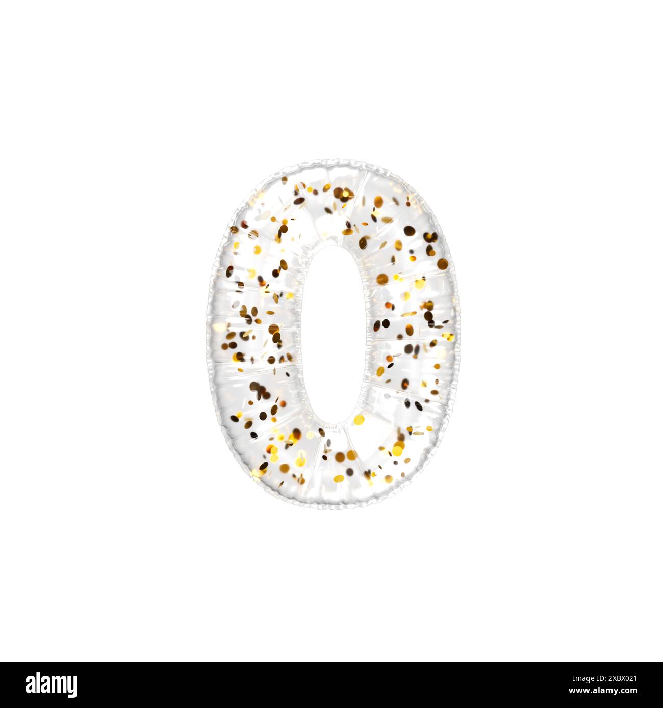 Palloncino trasparente con fiocchi dorati numero 0. illustrazione di rendering 3d. Foto Stock