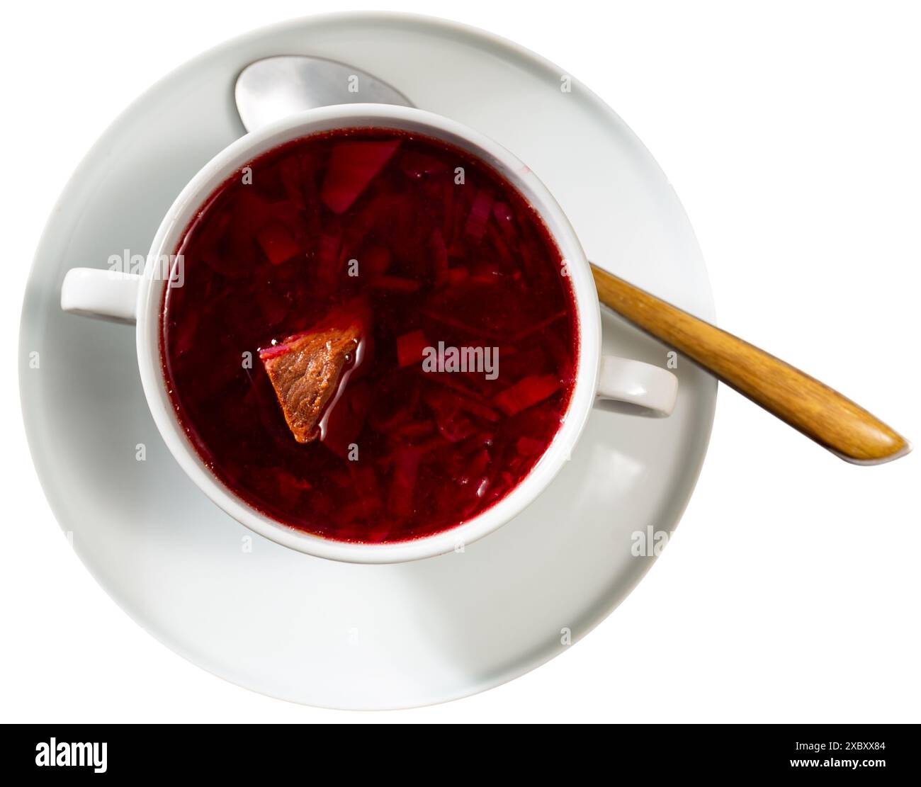Borscht di barbabietole tradizionali ucraine con carne in ciotola bianca Foto Stock