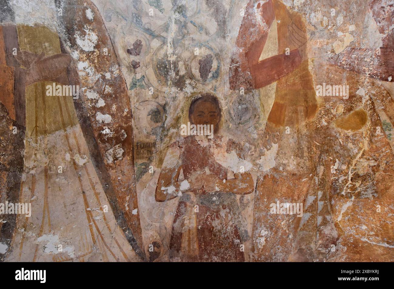 Primo piano di vecchi affreschi con figure religiose e colori sbiaditi, bambino, cappella bizantina Agios Nikolaos Foundoukli, tra Eleousa e Profitis Foto Stock