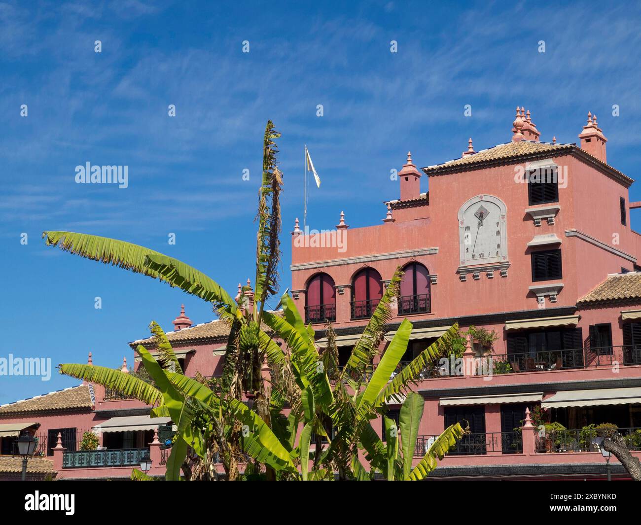 Un edificio in stile spagnolo di colore rosa con una torre dell'orologio e balconi, circondato da piante tropicali sotto un cielo blu, Puerto de la cruz, tenerife Foto Stock