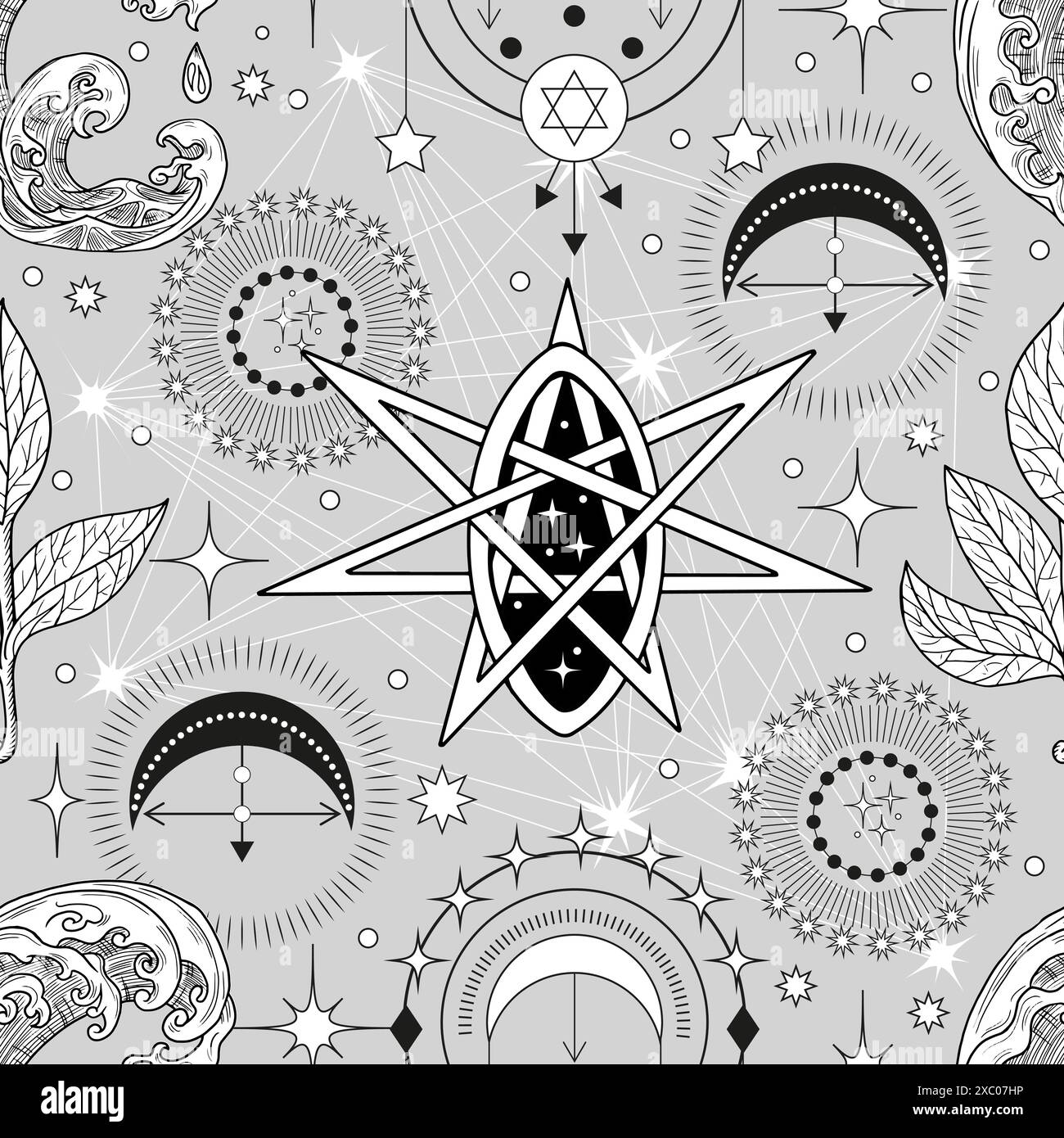 Pattern senza cuciture con onde, pentagramma, simboli solari e mistici. Design con stampa di tatuaggi, poster o altare; sfondo esoterico, wicca e gotico Illustrazione Vettoriale