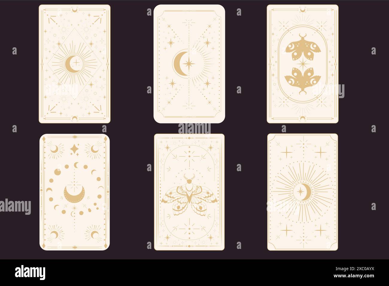 I Tarocchi riverberanno il bordo magico della copertina sacra incorniciano la linea d'oro del bordo celeste decorazione esoterica con stelle di falena e luna su sfondo scuro. Illustrazione vettoriale Illustrazione Vettoriale