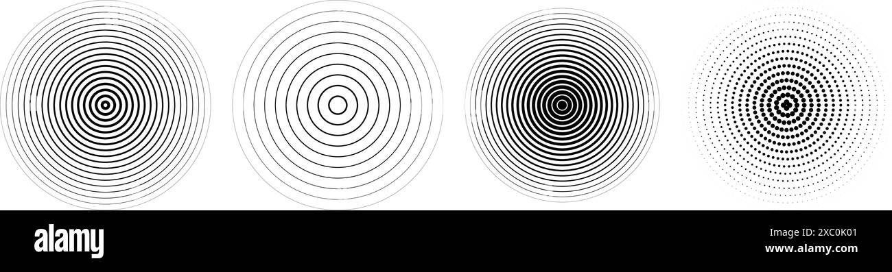 Set di cerchi radiali neri. Sonar o suoneria a onde sonore. Concetto di mezzitoni ed epicentro lineare, target, icona radar. Segnale concentrico di ondulazione o elementi di vibrazione. Linea vettoriale e simboli punteggiati Illustrazione Vettoriale