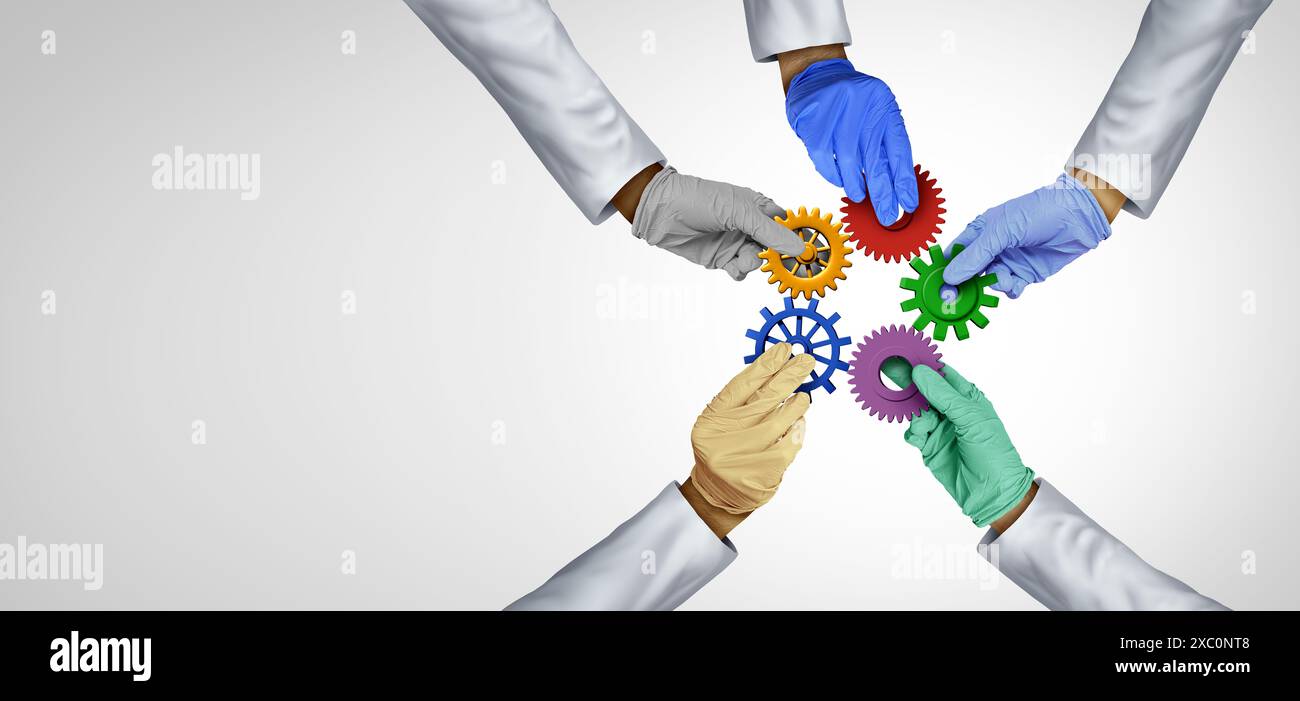 Collaborazione tra team ospedaliero concetto di team e unità del personale medico o idea di lavoro di squadra clinica come metafora della medicina per medici e infermieri che si uniscono a una guarigione Foto Stock