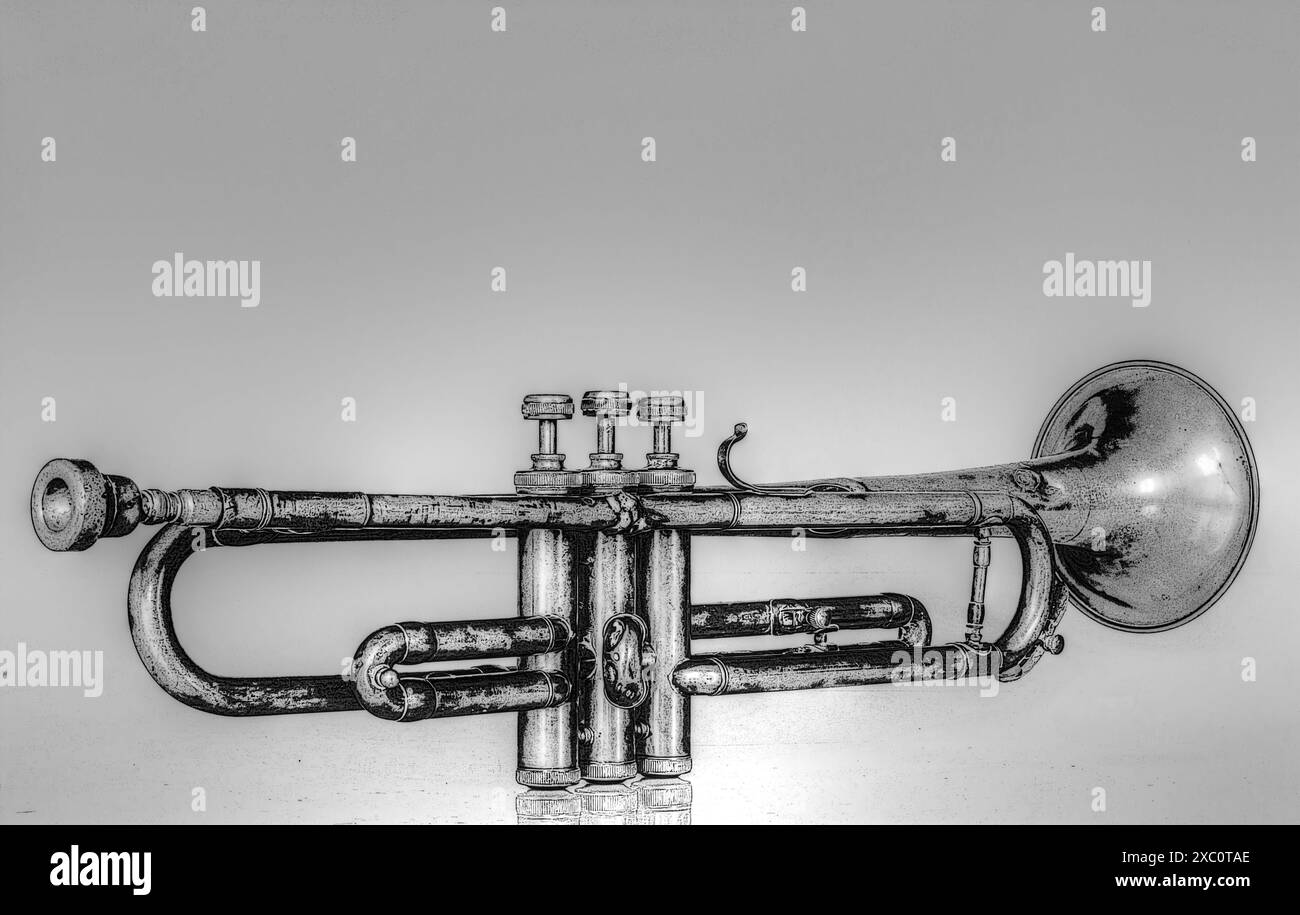 una vecchia tromba jazz su sfondo bianco Foto Stock