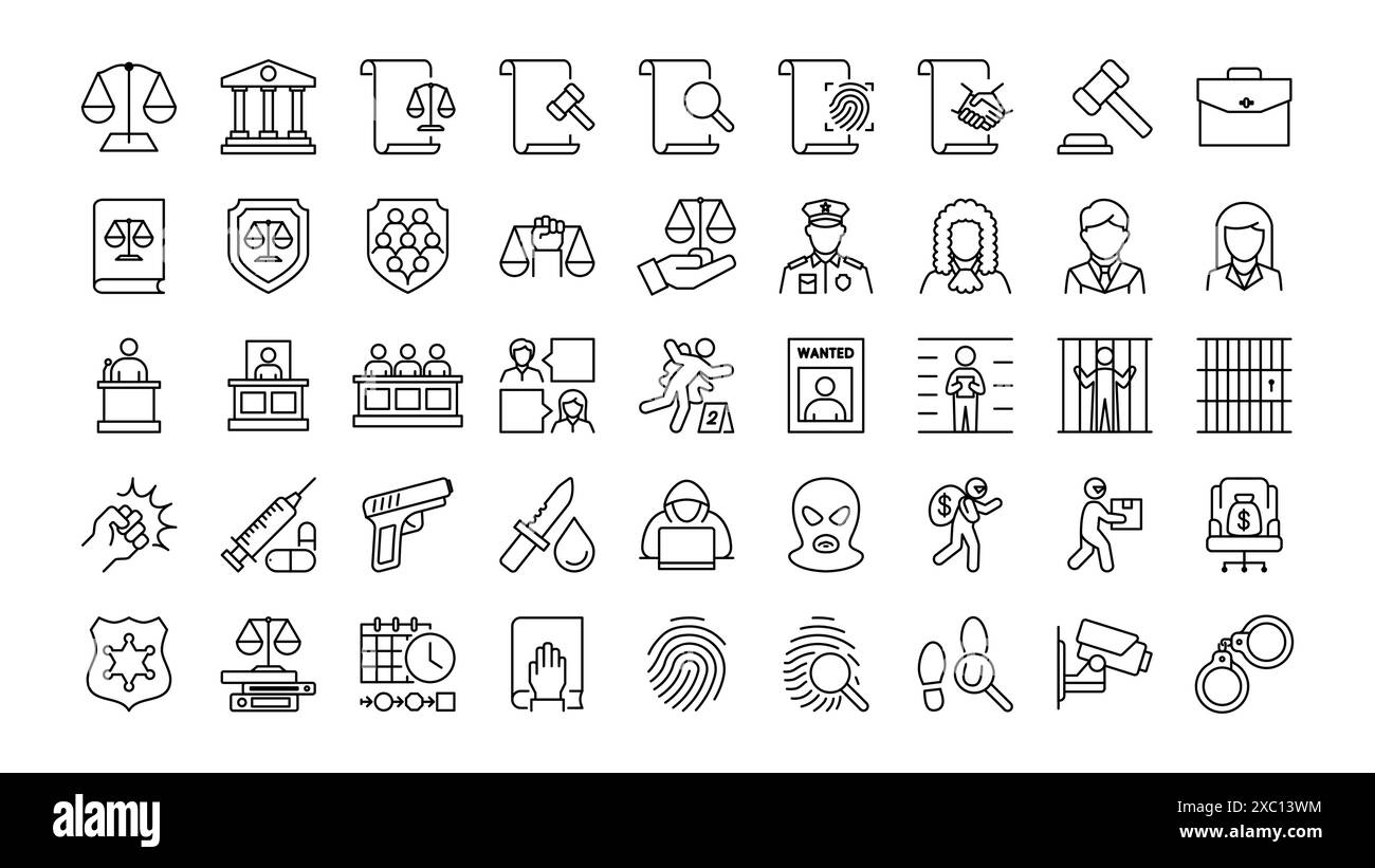 Set di icone legge e giustizia. Include tribunale, ispettore, avvocato, colpevole, arresto, e molto altro ancora. Illustrazione Vettoriale
