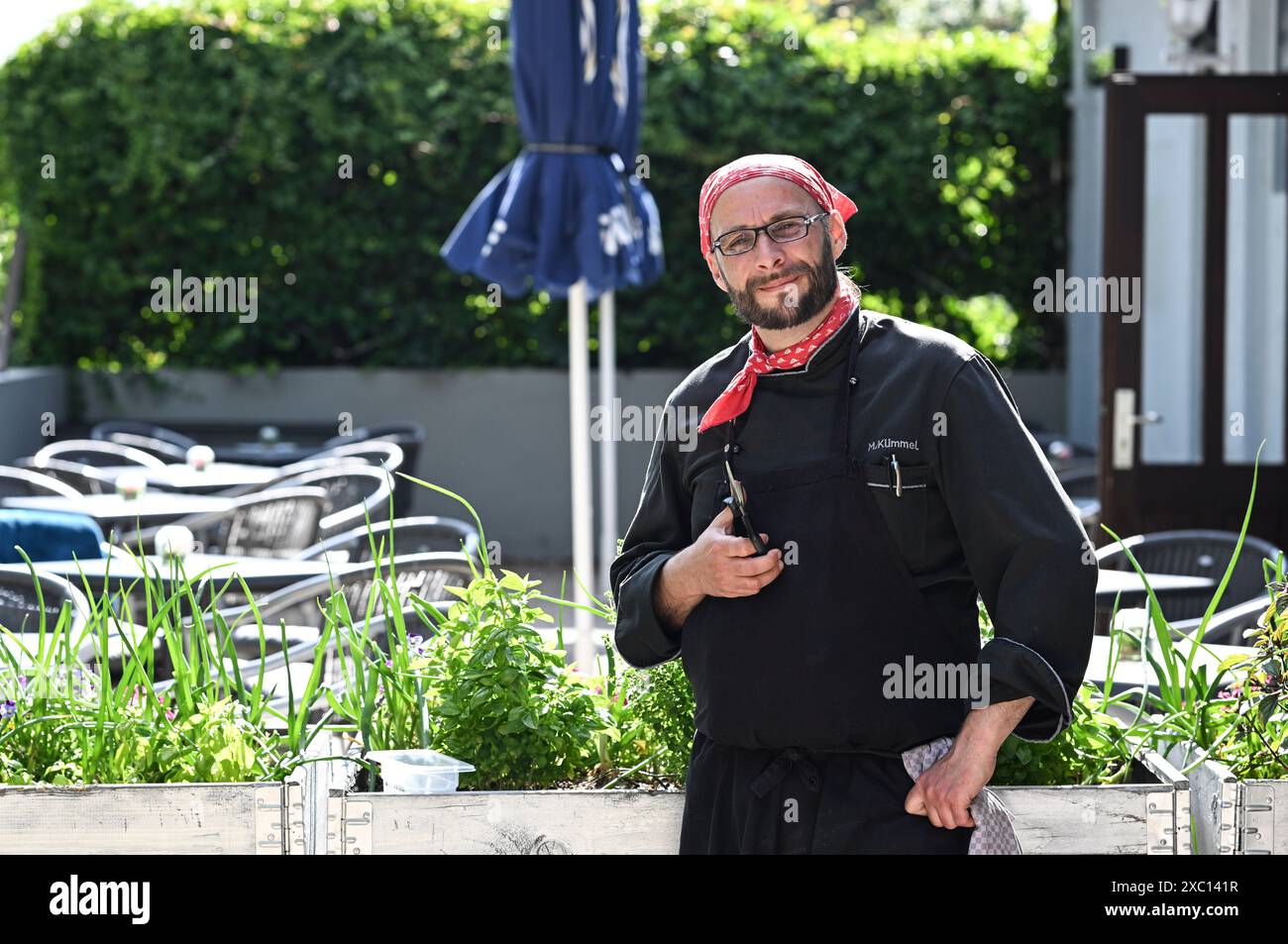 Berlino, Germania. 13 giugno 2024. Marcus Kümmel, un tempo capo chef del ristorante vegano Kopps a Berlin-Mitte, raccoglie erbe fresche di fronte al suo ristorante "Bollenpiepe" in una lussureggiante colonia nel quartiere Pankow di Rosenthal. Qui utilizza principalmente ingredienti vegetali per evocare creazioni eccellenti che vengono preparate con amore. Alcuni degli ingredienti per il suo cibo provengono direttamente dai giardini e ha aperto il suo ristorante quasi un anno fa. Crediti: Jens Kalaene/dpa/Alamy Live News Foto Stock