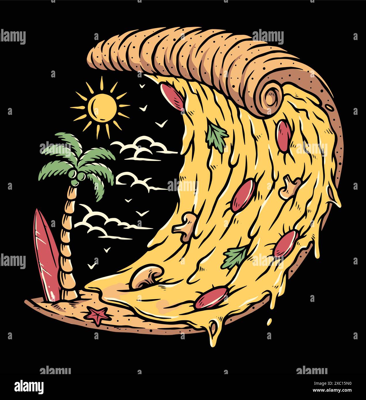 Illustrazione vettoriale di Pizza Waves Beach Illustrazione Vettoriale