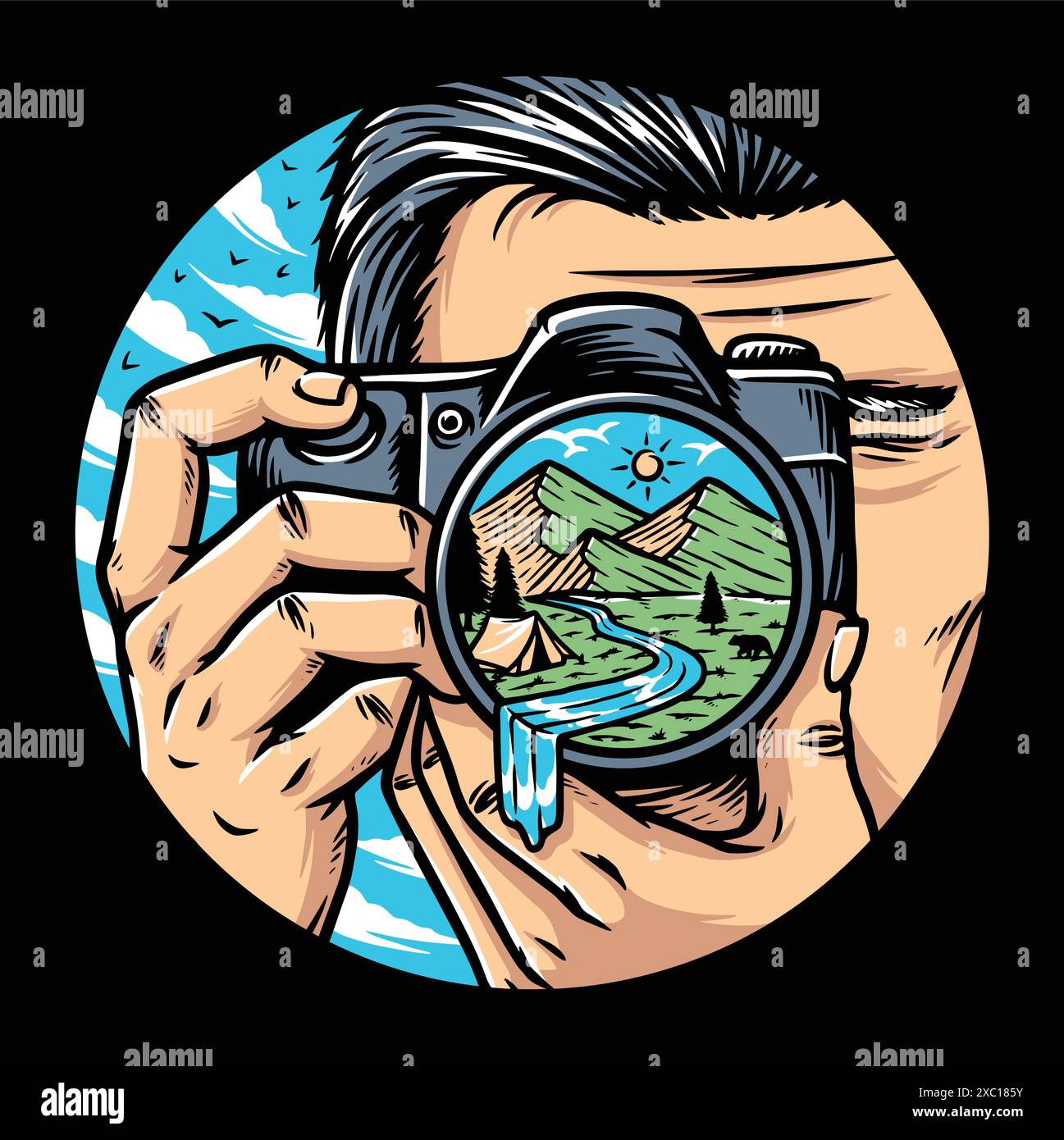 Uomo fotografo con fotocamera che scatta foto di montagne Illustrazione Vettoriale