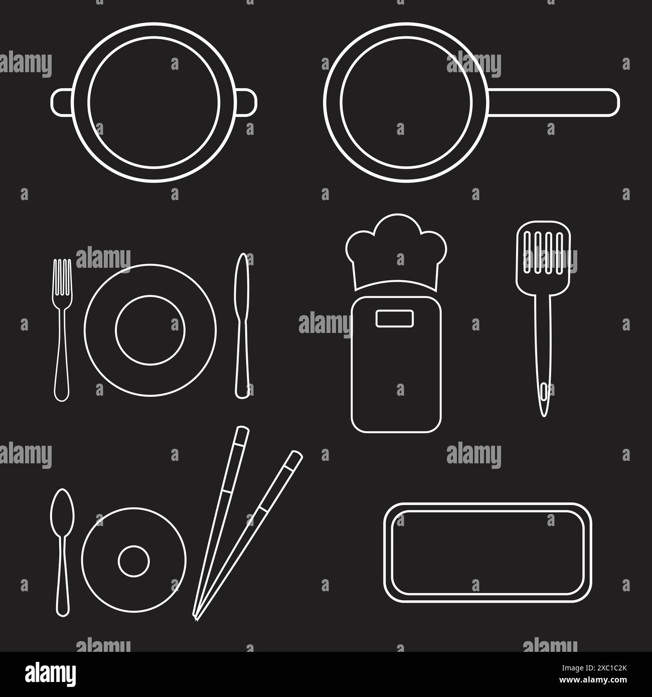 Utensili da cucina e utensili da cucina con contorno bianco su sfondo nero Illustrazione Vettoriale